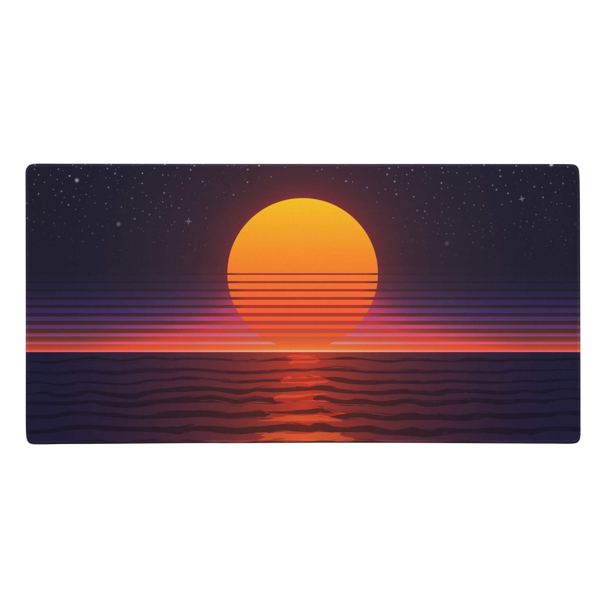 Rectangular sunset starfield gaming mouse pad with retro 80s orange purple neon gradient and non slip surface