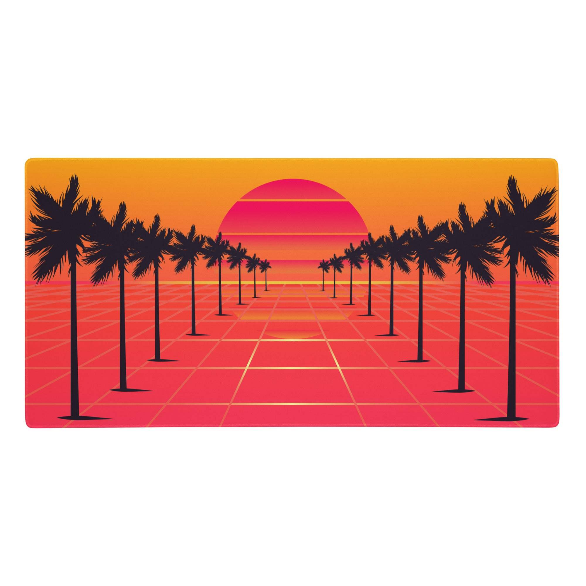 Retro-style gaming mouse pad with vibrant orange pink sunset and silhouetted palm trees on grid-patterned surface