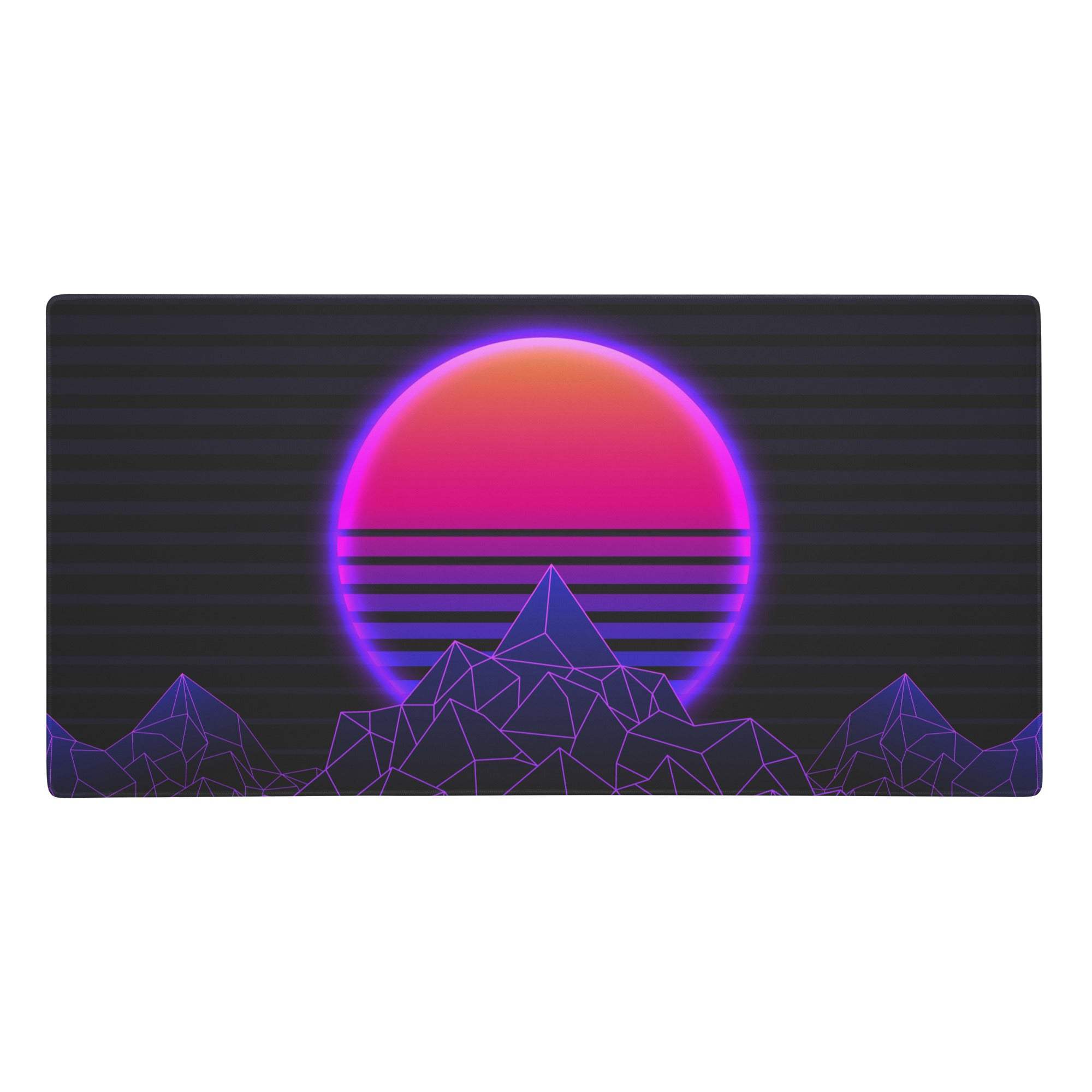 Rectangular gaming mousepad with retro-futuristic glowing pink and purple sun setting behind geometric mountains on dark background