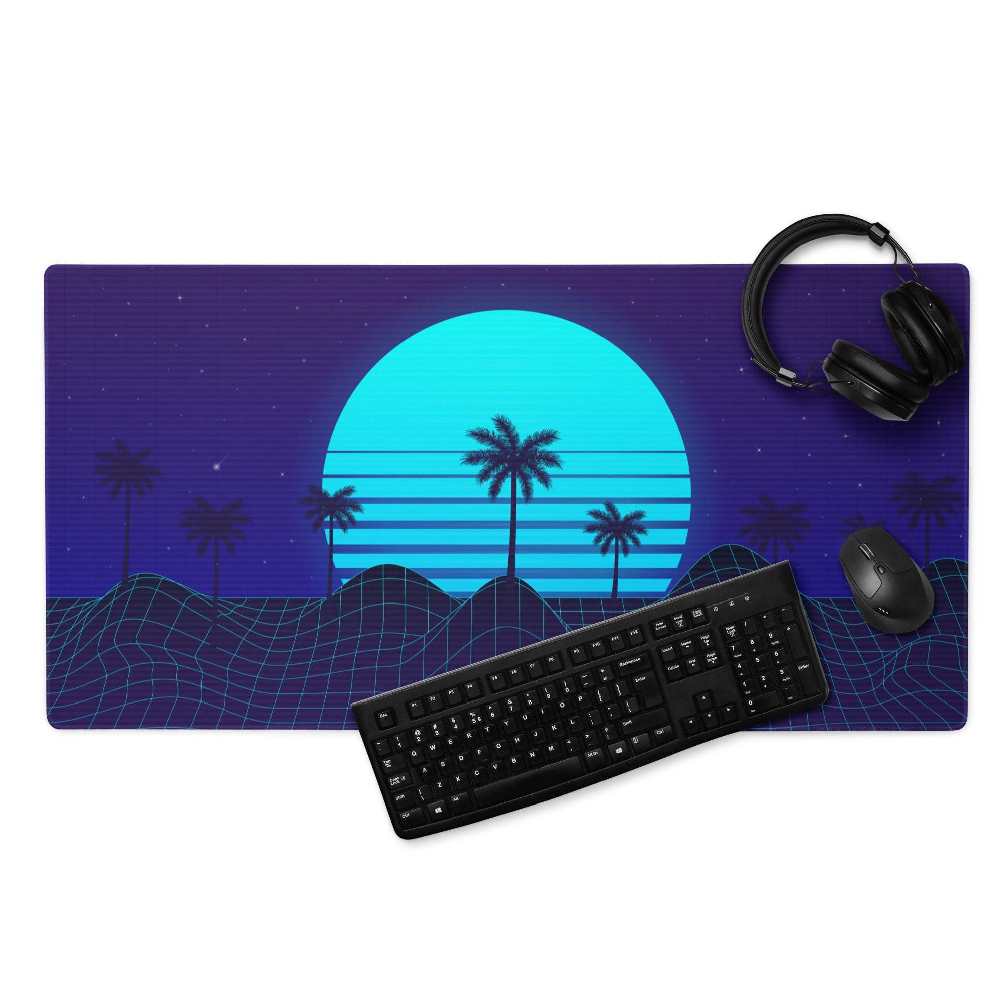 Neon palm sunset mouse pad featuring a vibrant retro-futuristic design with a glowing cyan sun and grid hills