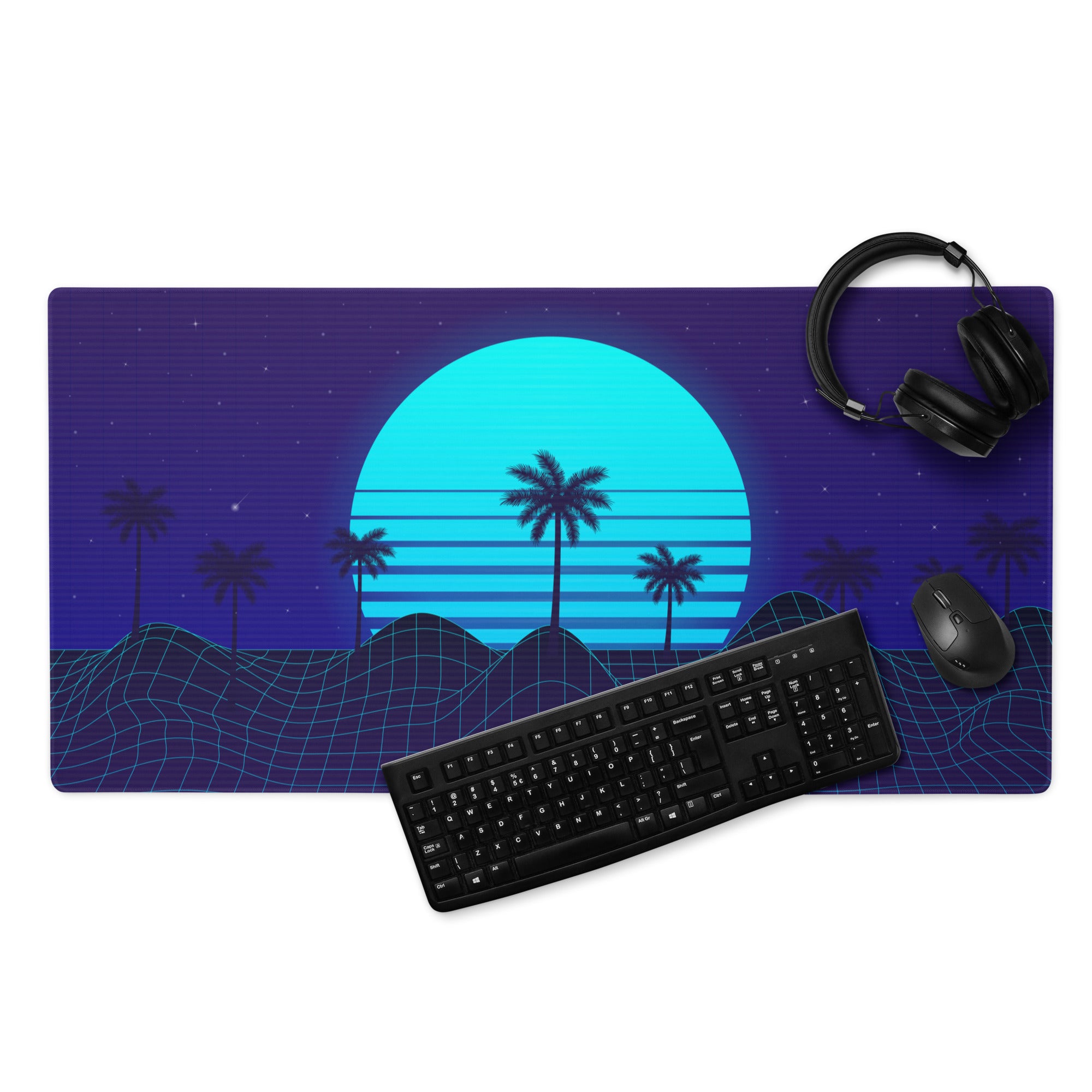 Neon Palm Sunset Mouse Pad - Mouse Pad Neon Blue Desk Synthwave Moody Neon Retro Futurism Large Non Slip Digital Art