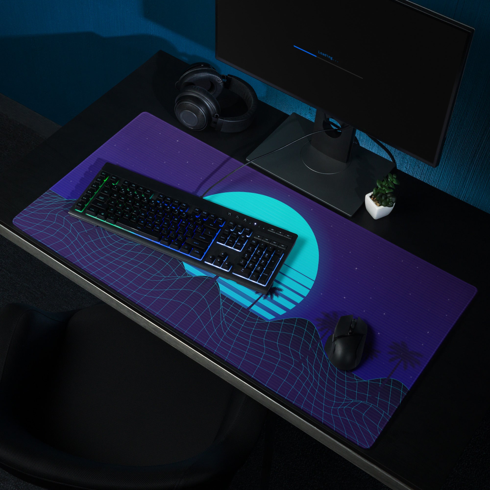 Neon Palm Sunset Mouse Pad - Mouse Pad Neon Blue Desk Synthwave Moody Neon Retro Futurism Large Non Slip Digital Art