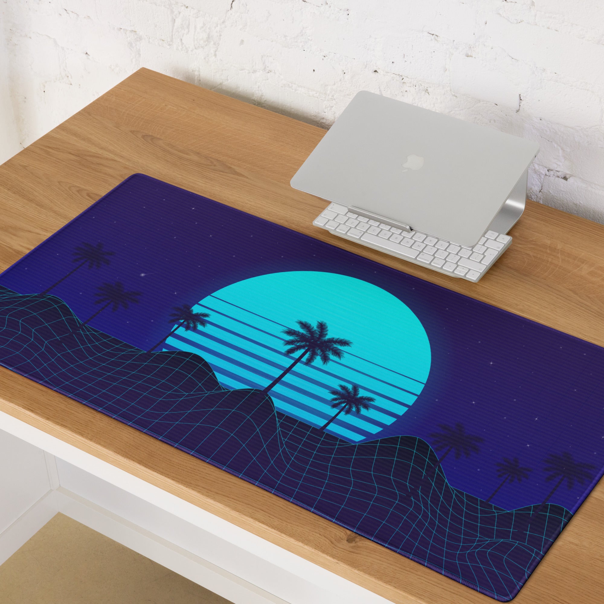Neon Palm Sunset Mouse Pad - Mouse Pad Neon Blue Desk Synthwave Moody Neon Retro Futurism Large Non Slip Digital Art