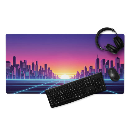 Neon City Skyline Gaming Mouse Pad - Cityscape Purple Pink Gradient Desk Vaporwave Mood Dreamy Futuristic Modern