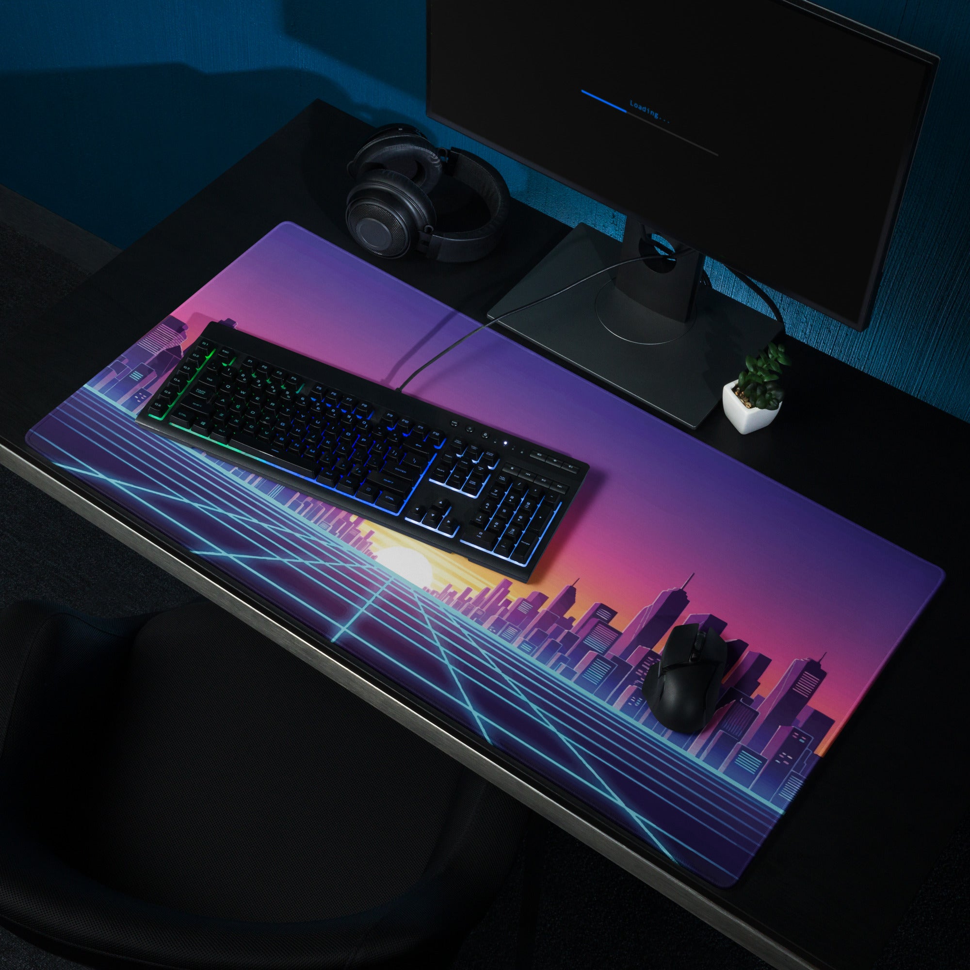 Neon City Skyline Gaming Mouse Pad - Cityscape Purple Pink Gradient Desk Vaporwave Mood Dreamy Futuristic Modern