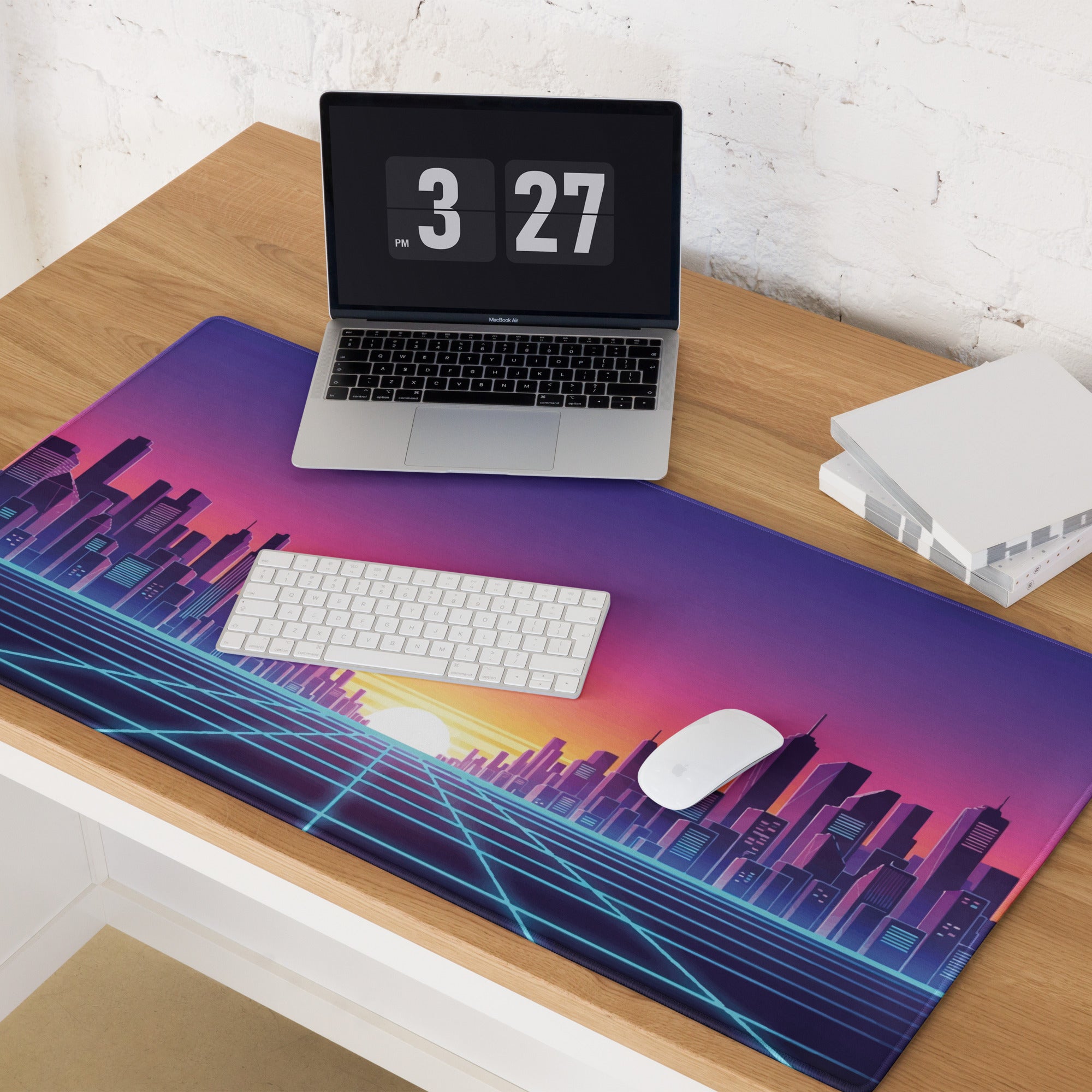 Neon City Skyline Gaming Mouse Pad - Cityscape Purple Pink Gradient Desk Vaporwave Mood Dreamy Futuristic Modern