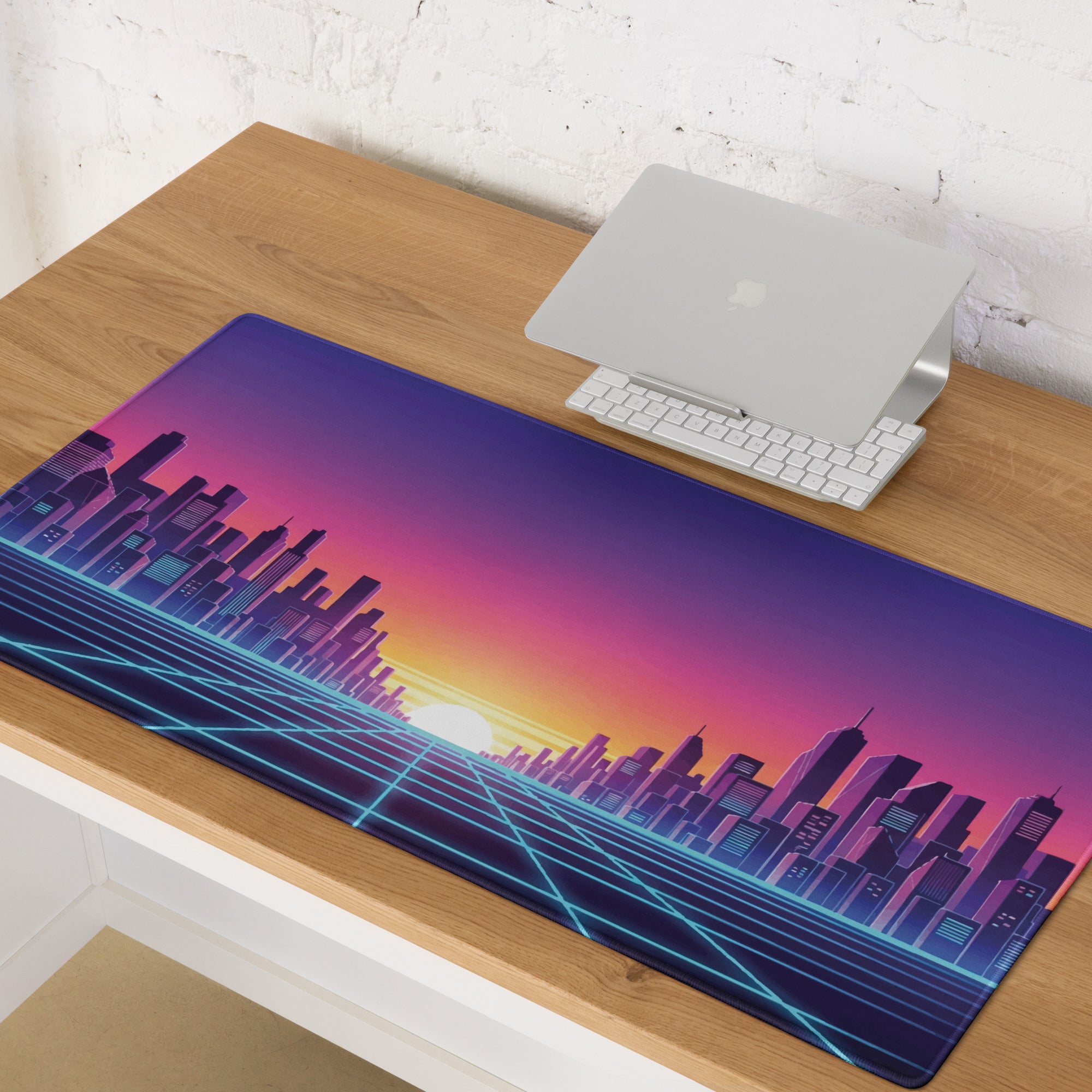 Neon City Skyline Gaming Mouse Pad - Cityscape Purple Pink Gradient Desk Vaporwave Mood Dreamy Futuristic Modern