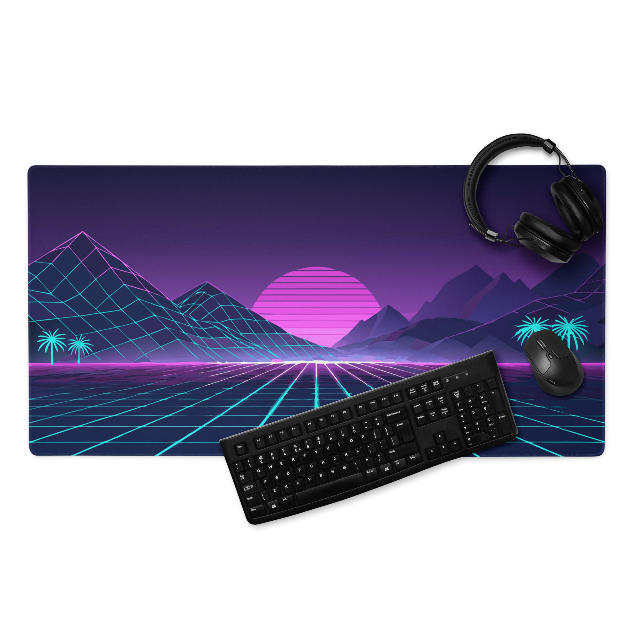 Neon Retro Landscape Gaming Mouse Pad - Landscape Neon Purple Teal Gaming Desk Energetic Vaporwave Cyberpunk Neon Grid