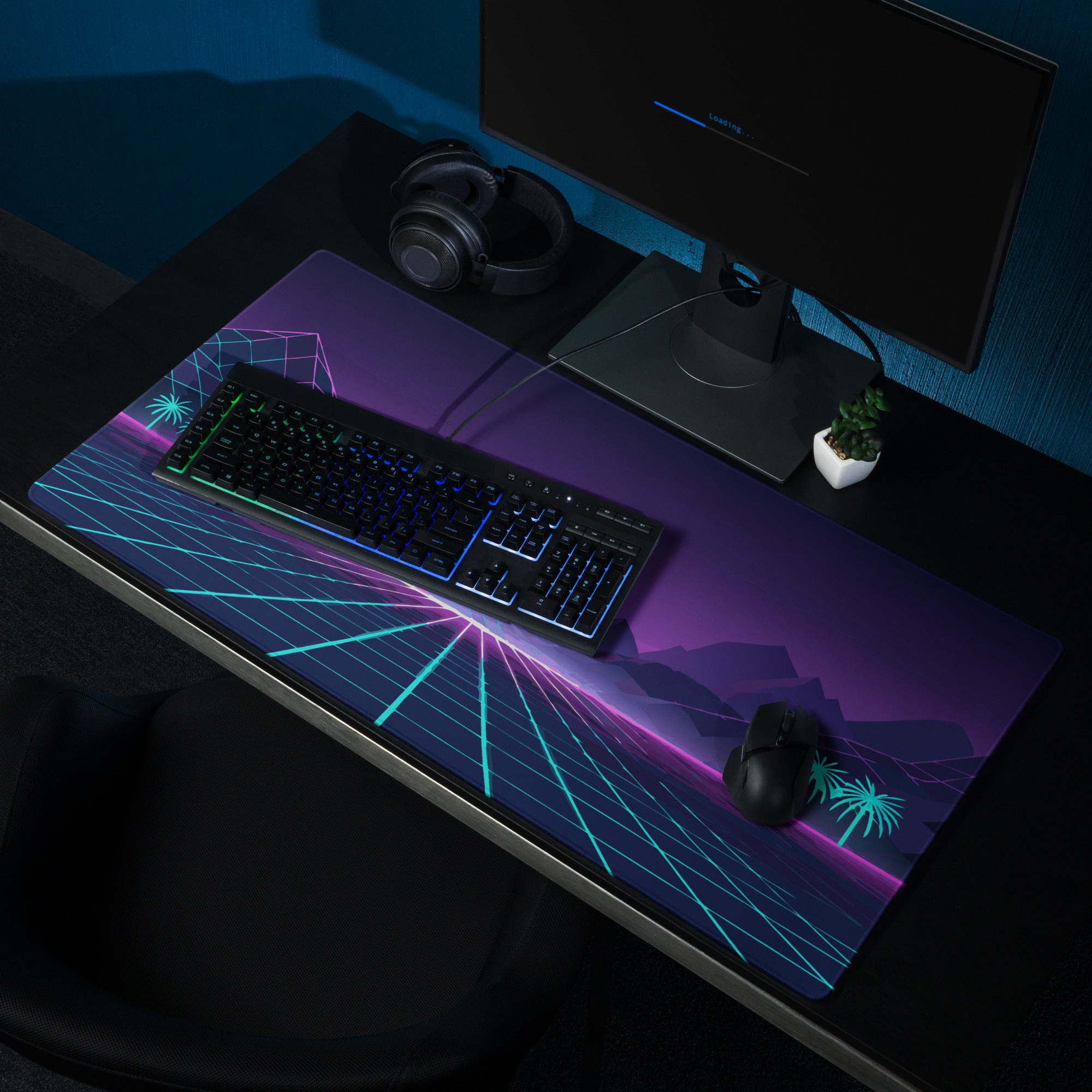 Neon Retro Landscape Gaming Mouse Pad - Landscape Neon Purple Teal Gaming Desk Energetic Vaporwave Cyberpunk Neon Grid
