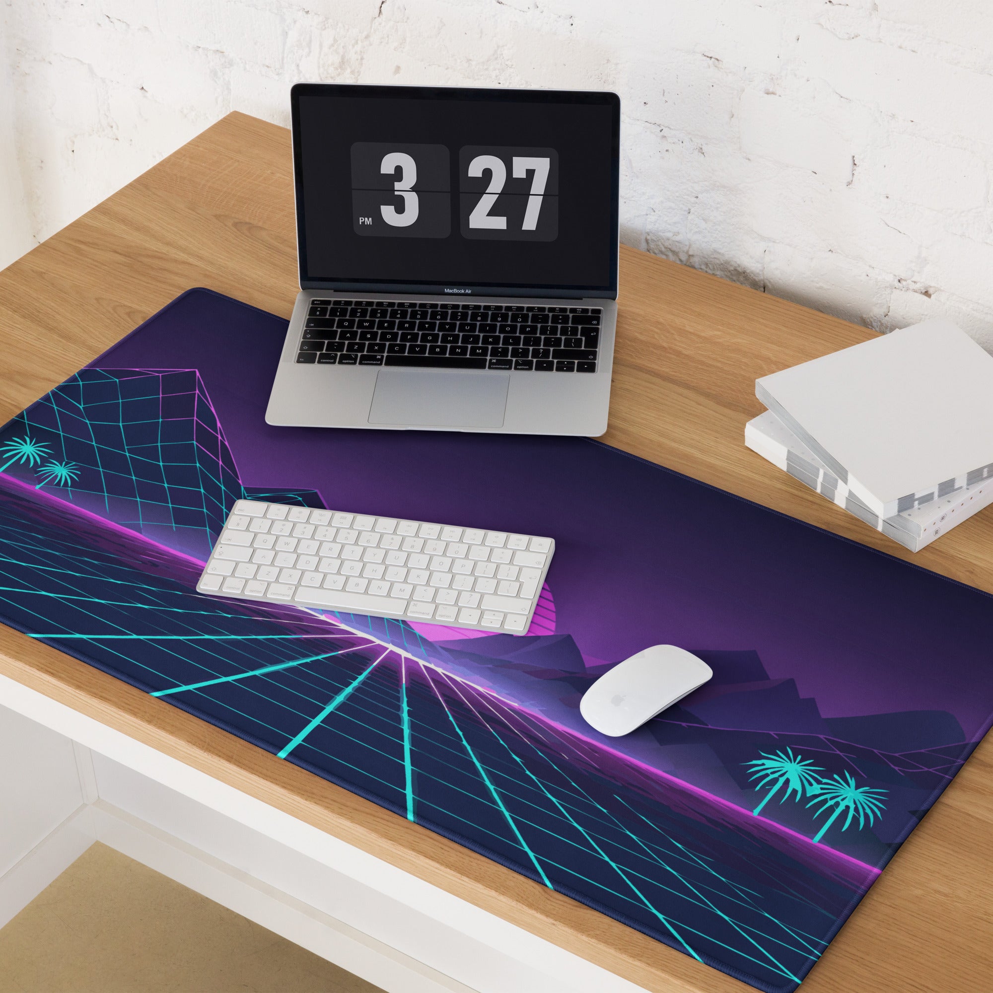 Neon Retro Landscape Gaming Mouse Pad - Landscape Neon Purple Teal Gaming Desk Energetic Vaporwave Cyberpunk Neon Grid