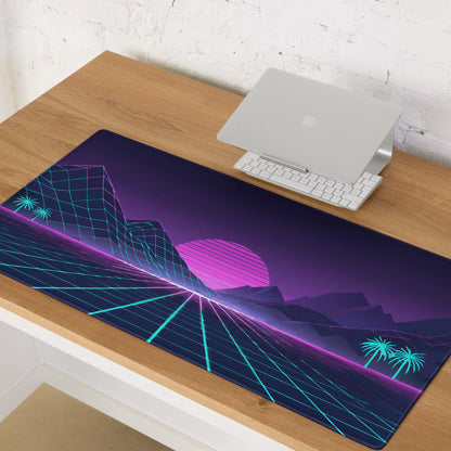Neon Retro Landscape Gaming Mouse Pad - Landscape Neon Purple Teal Gaming Desk Energetic Vaporwave Cyberpunk Neon Grid