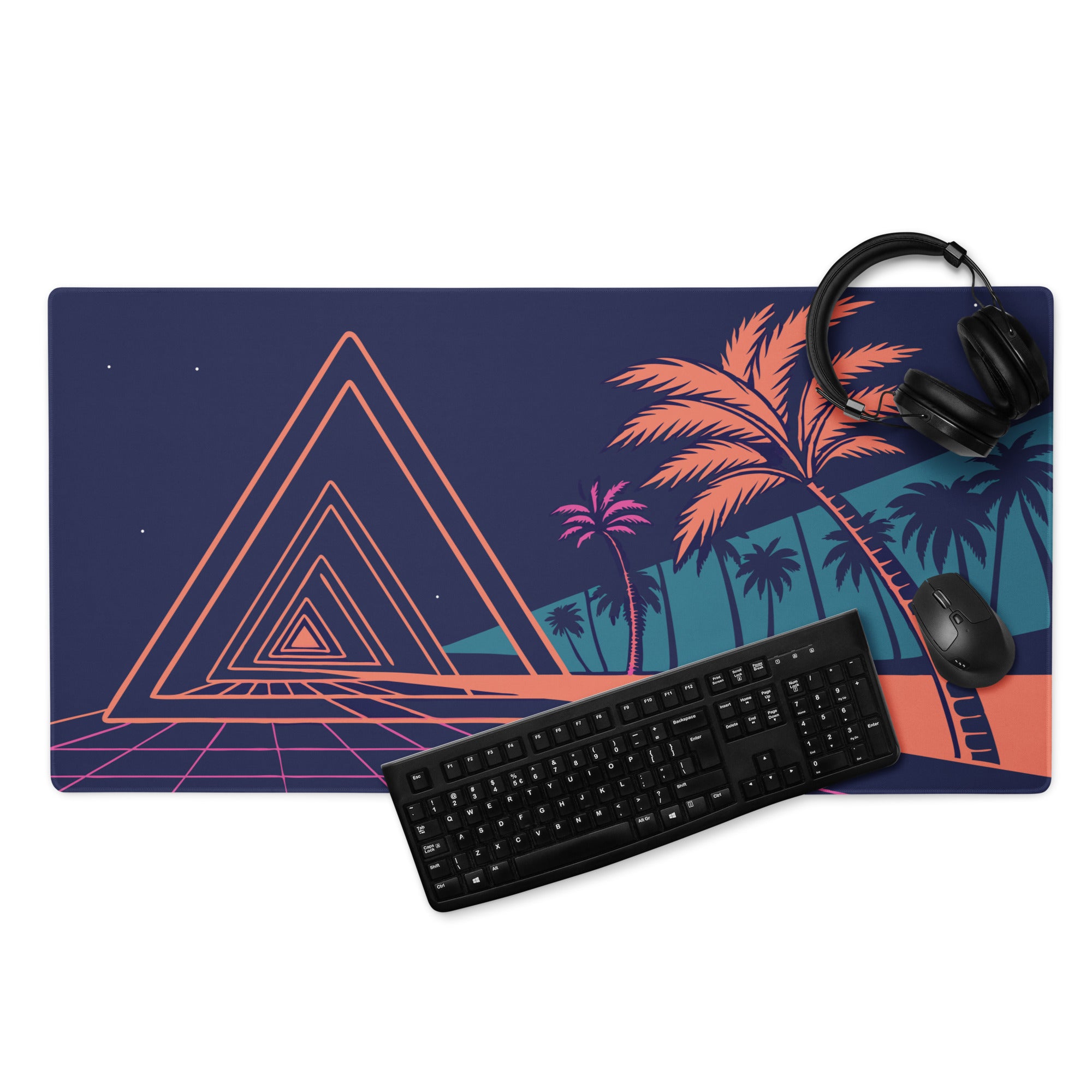 Neon Palm Retro Gaming Mouse Pad - Mouse Pad Navy Coral Pink Palm Trees Retro Wave Desk Tropical Synthwave Digital Art