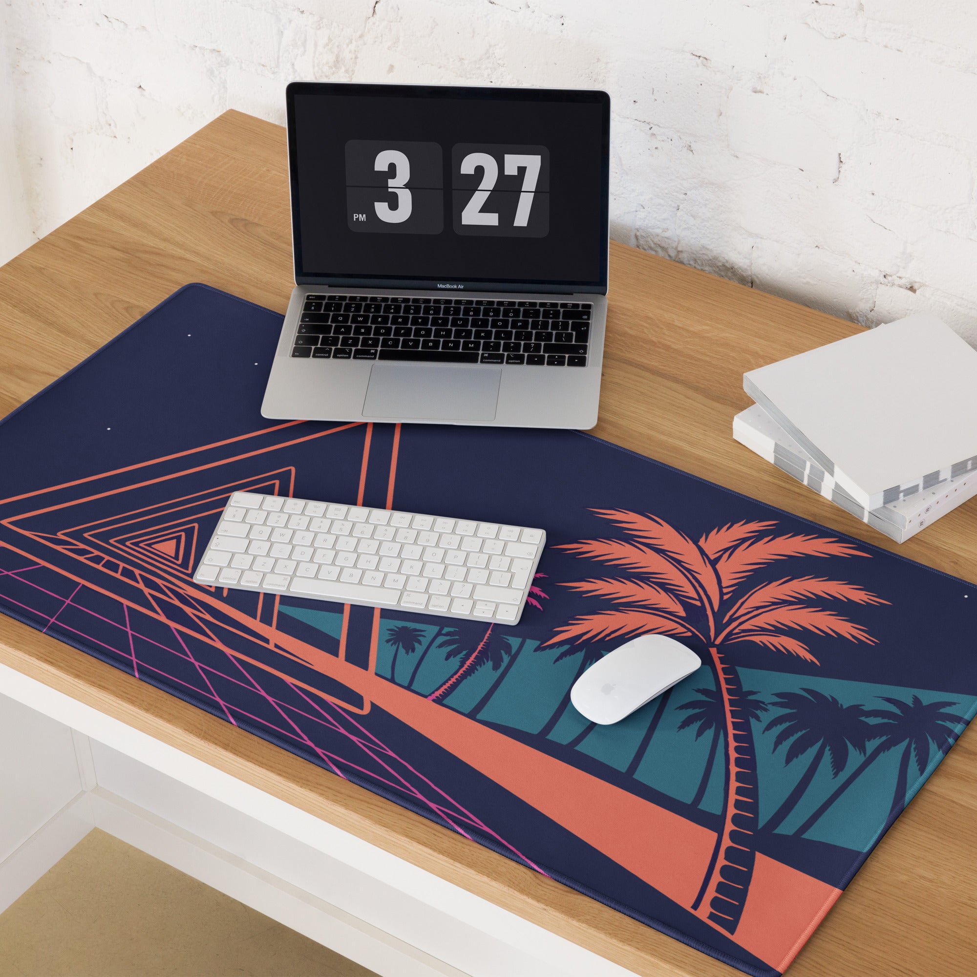 Neon Palm Retro Gaming Mouse Pad - Mouse Pad Navy Coral Pink Palm Trees Retro Wave Desk Tropical Synthwave Digital Art