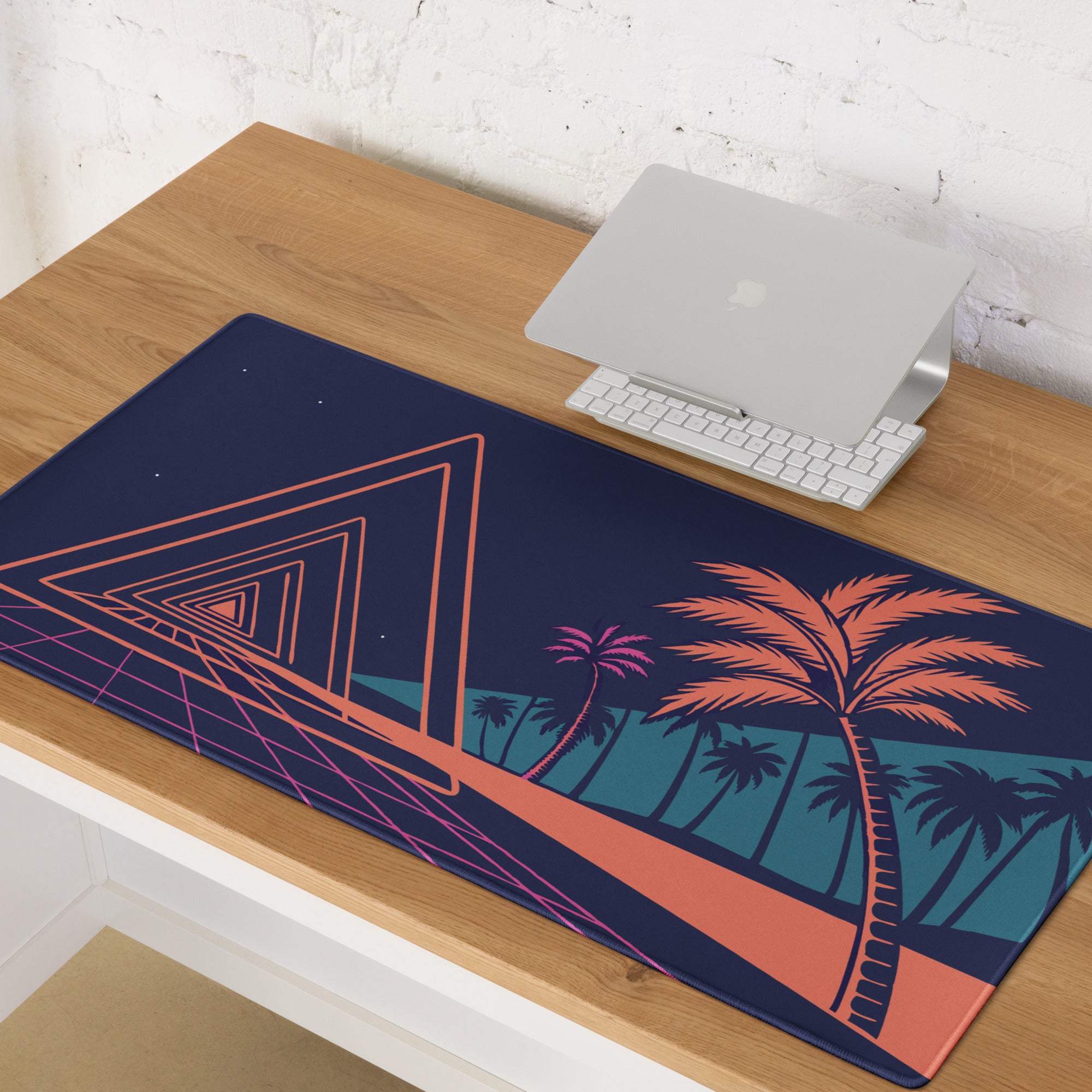Neon Palm Retro Gaming Mouse Pad - Mouse Pad Navy Coral Pink Palm Trees Retro Wave Desk Tropical Synthwave Digital Art
