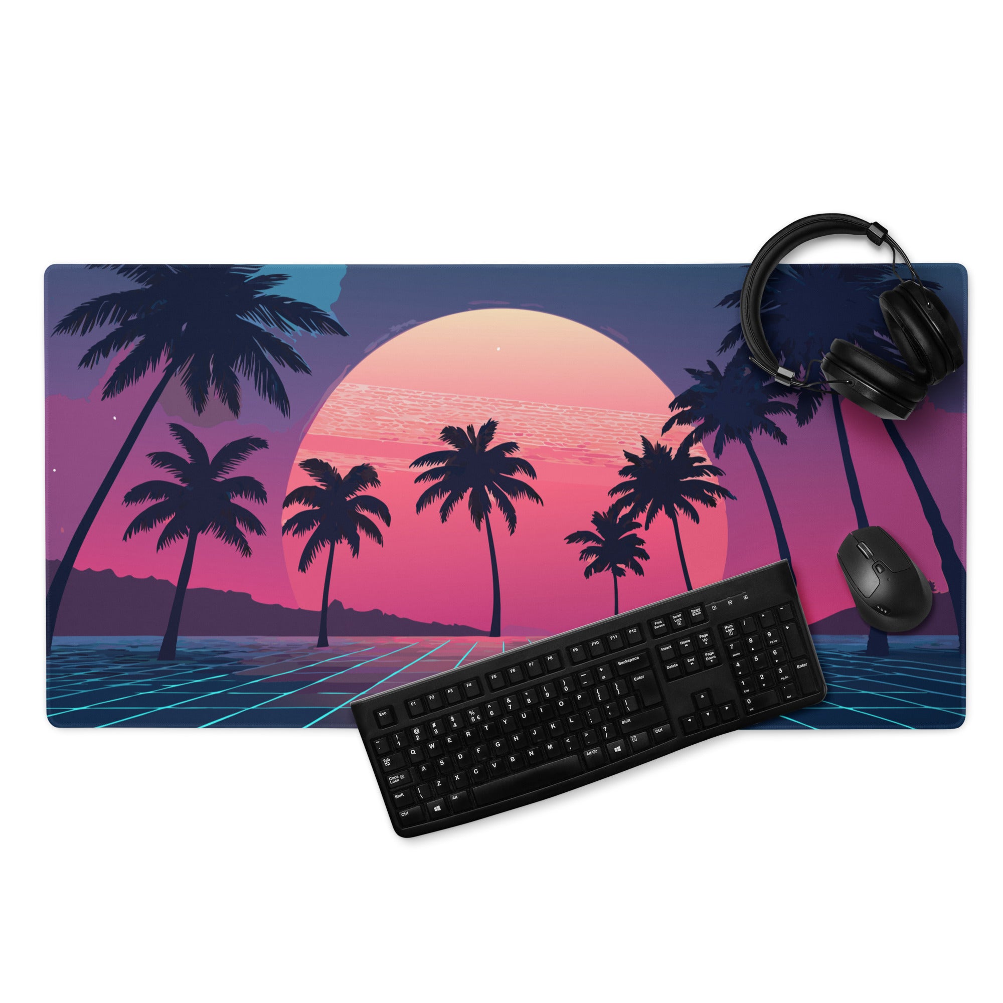 Sunset Palm Retro Neon Desk Mat - Palm Tree Sunset Pink Purple Blue Desk Retro Vibrant Neon Mood Retro Decor