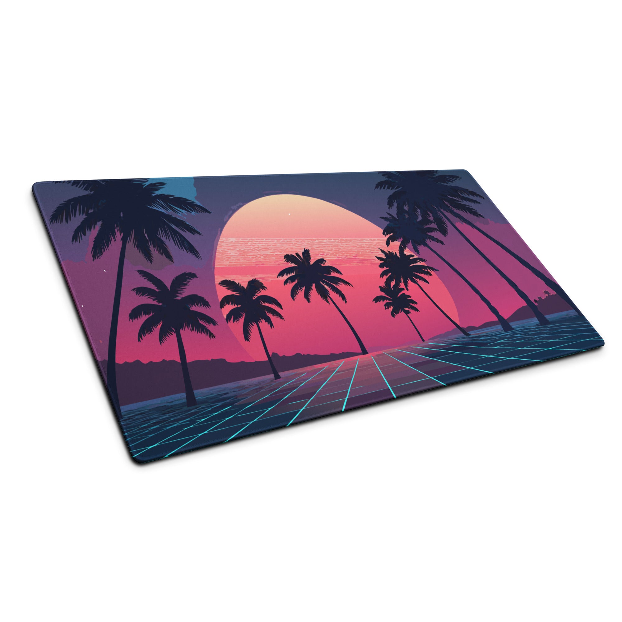 Sunset Palm Retro Neon Desk Mat - Palm Tree Sunset Pink Purple Blue Desk Retro Vibrant Neon Mood Retro Decor