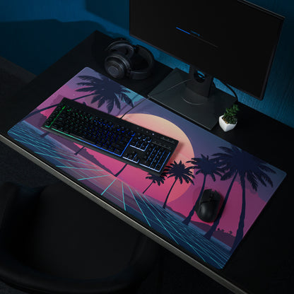 Sunset Palm Retro Neon Desk Mat - Palm Tree Sunset Pink Purple Blue Desk Retro Vibrant Neon Mood Retro Decor