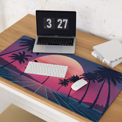 Sunset Palm Retro Neon Desk Mat - Palm Tree Sunset Pink Purple Blue Desk Retro Vibrant Neon Mood Retro Decor