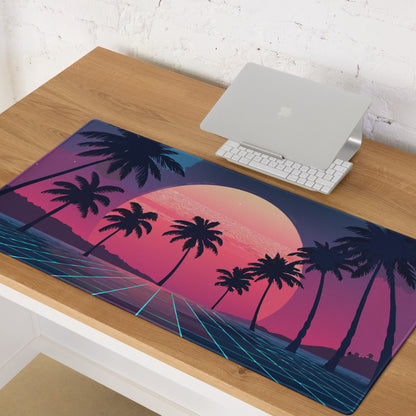 Sunset Palm Retro Neon Desk Mat - Palm Tree Sunset Pink Purple Blue Desk Retro Vibrant Neon Mood Retro Decor