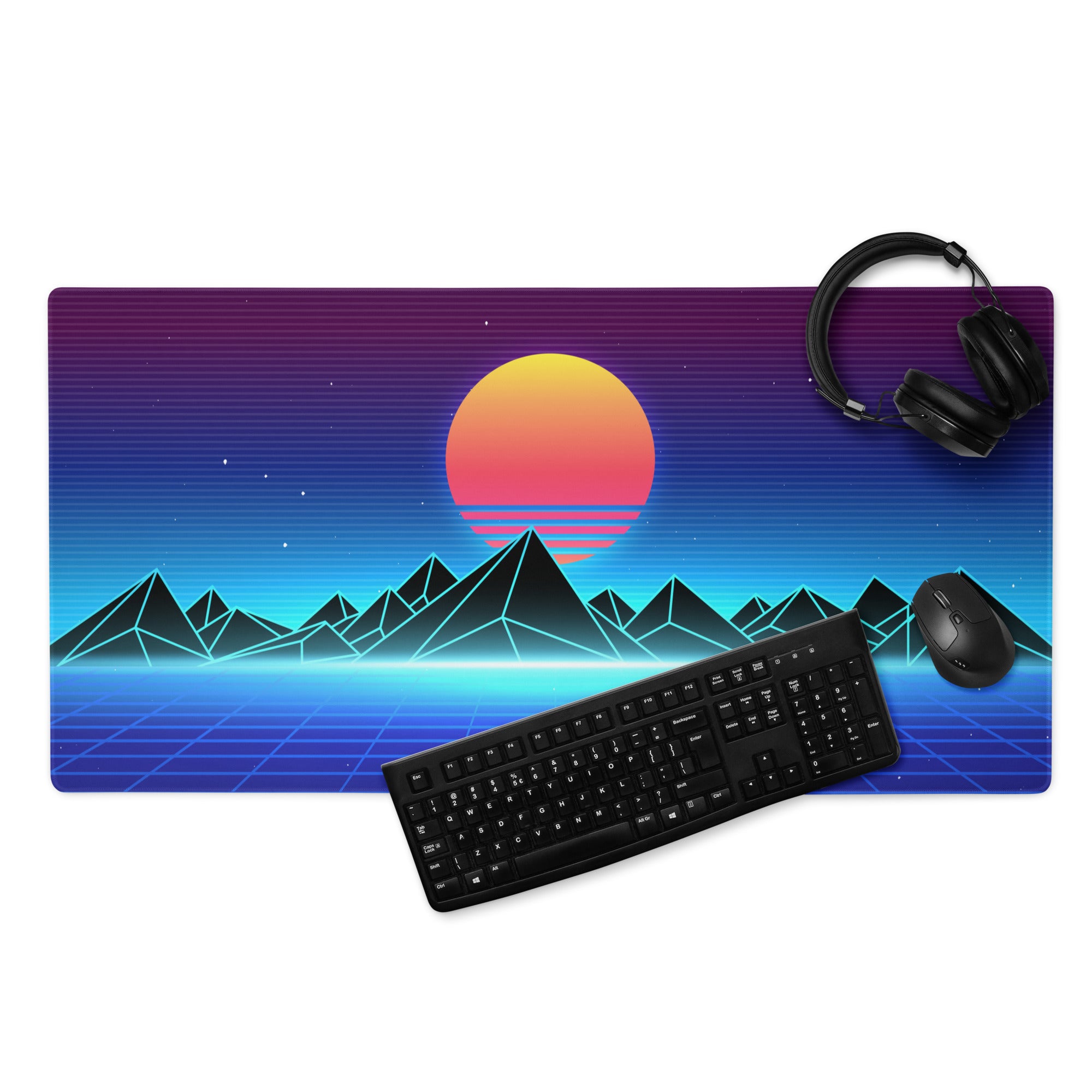 Retro Sunset Neon Mountain Pad - Gaming Pad Purple Blue Sunset Desktop Retro Futurism, Energetic Mood Neon Decor Art