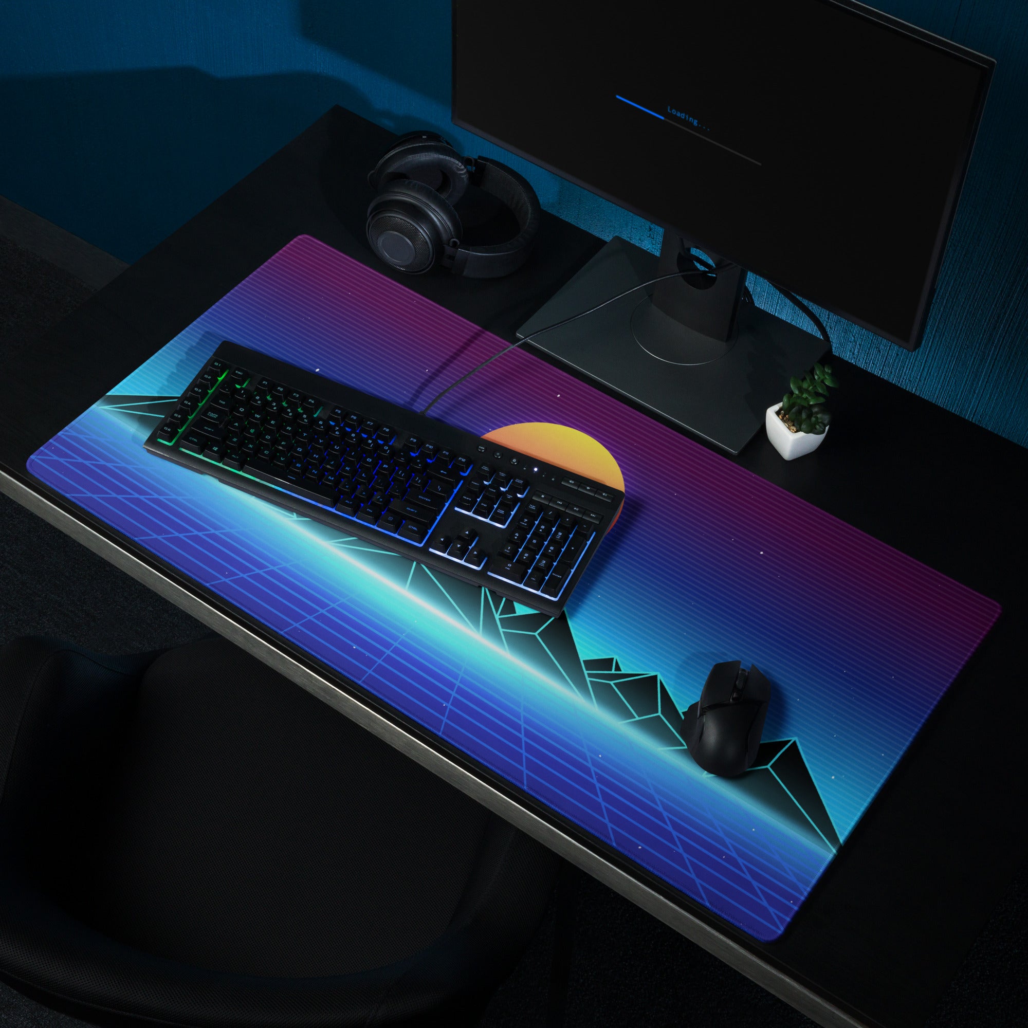 Retro Sunset Neon Mountain Pad - Gaming Pad Purple Blue Sunset Desktop Retro Futurism, Energetic Mood Neon Decor Art