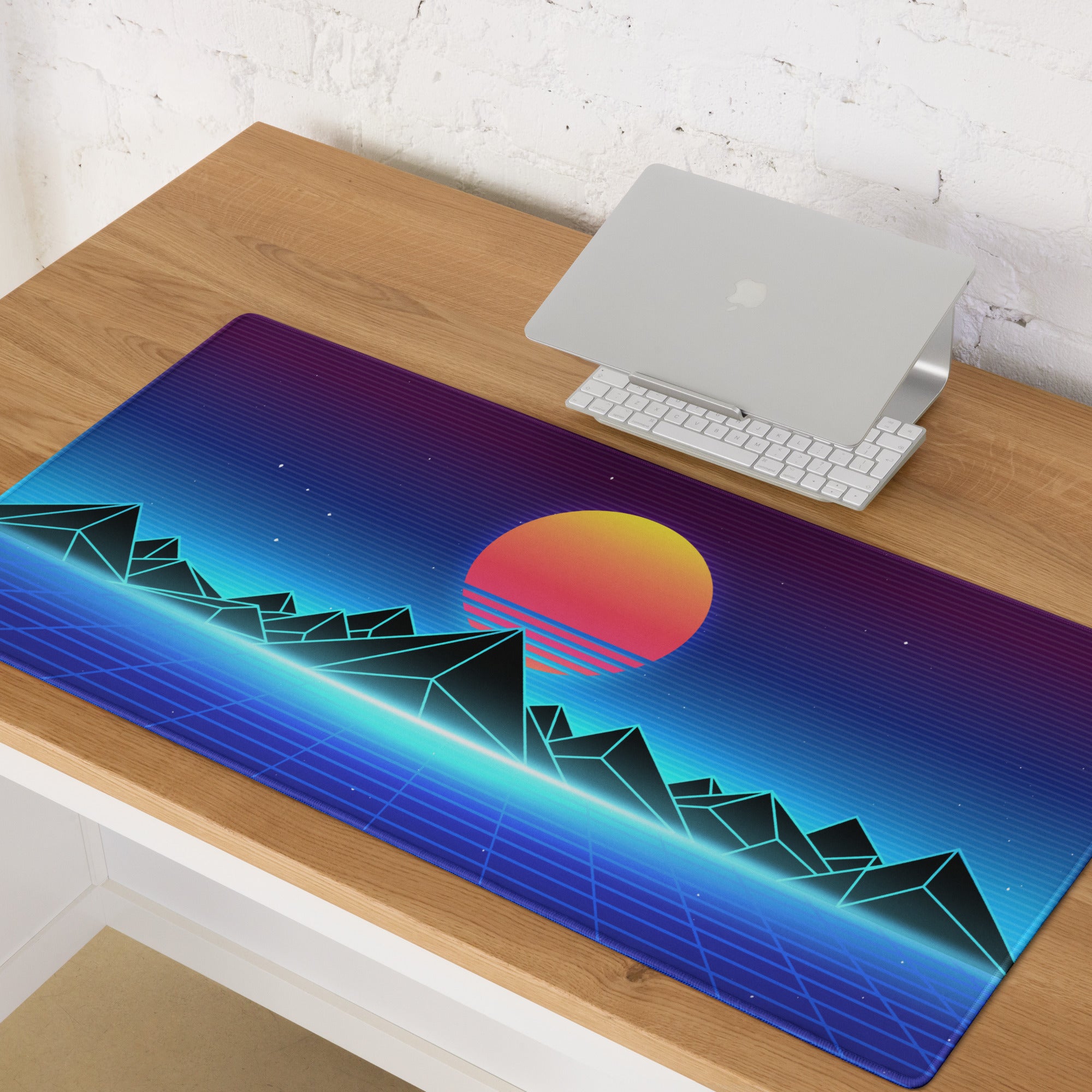 Retro Sunset Neon Mountain Pad - Gaming Pad Purple Blue Sunset Desktop Retro Futurism, Energetic Mood Neon Decor Art