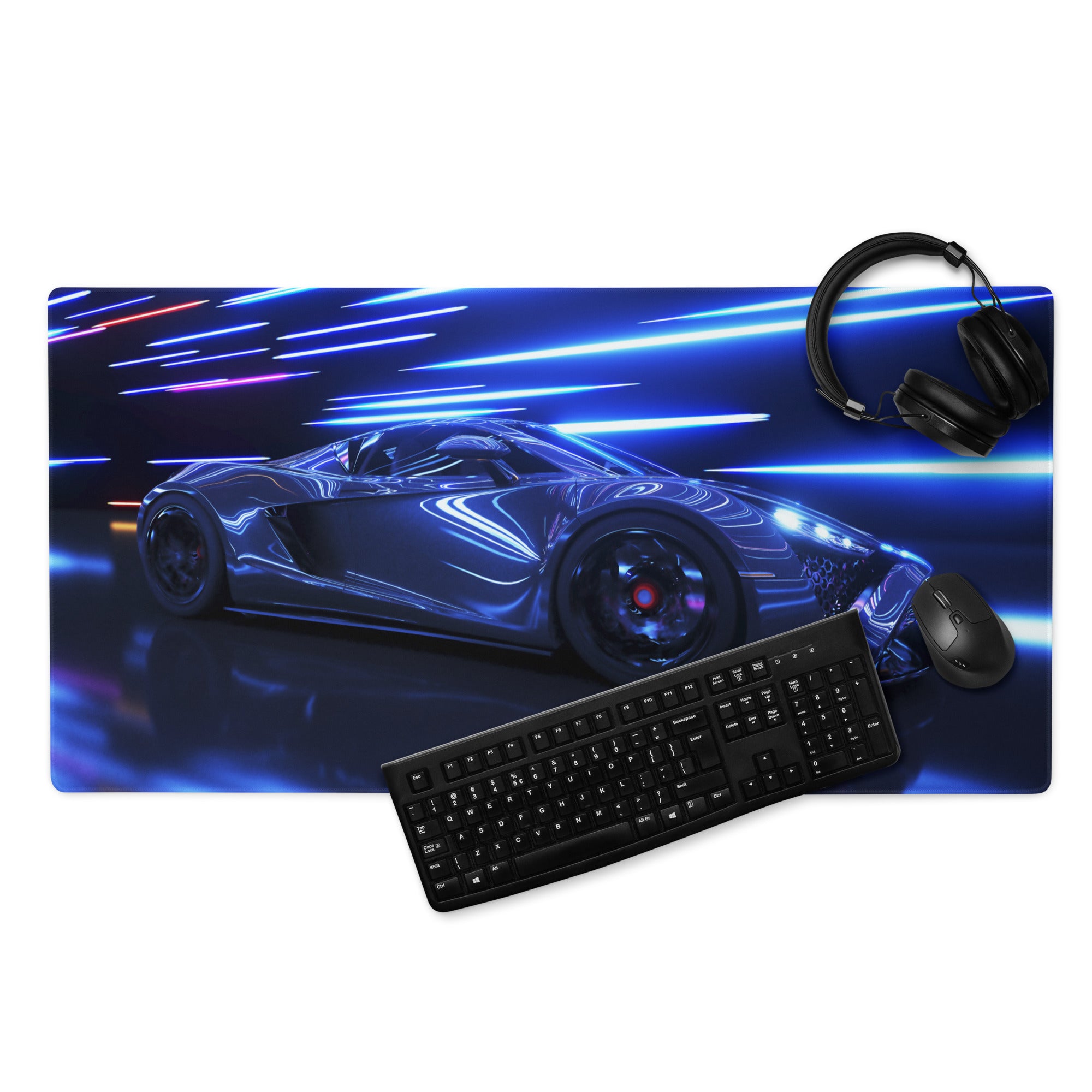Neon Velocity Car Theme Mouse Pad - Car Blue Neon Gaming Desk - Energetic Cyberpunk Modern Non Slip Digital