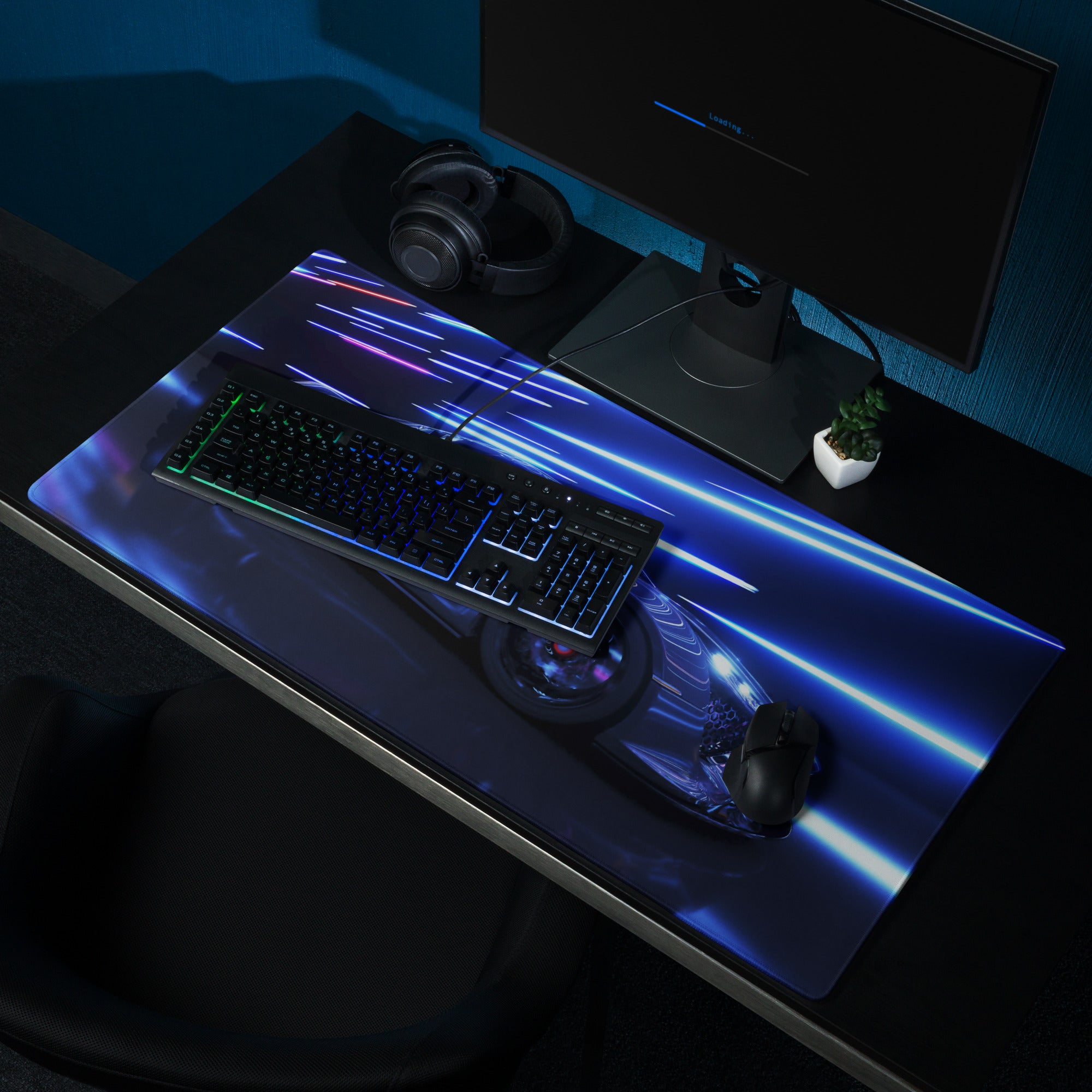 Neon Velocity Car Theme Mouse Pad - Car Blue Neon Gaming Desk - Energetic Cyberpunk Modern Non Slip Digital