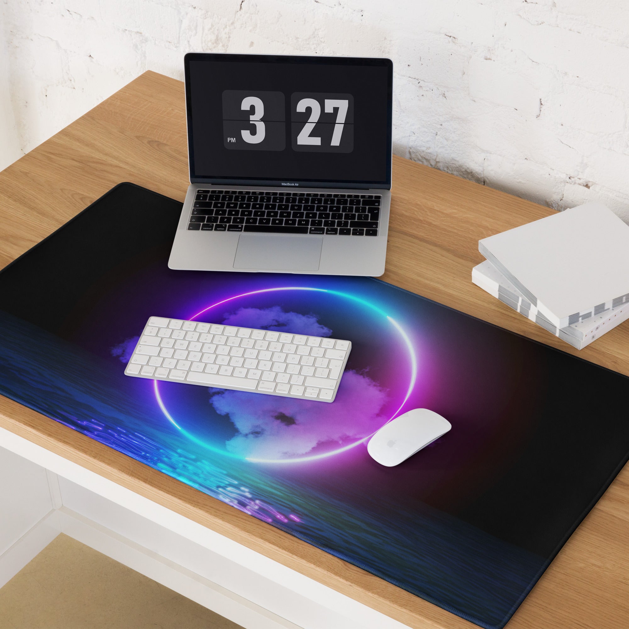 Neon Ring Nightscape Gaming Pad - Gaming Mouse Pad Purple Blue Neon Futuristic Non Slip Edge Mood Cyberpunk RGB