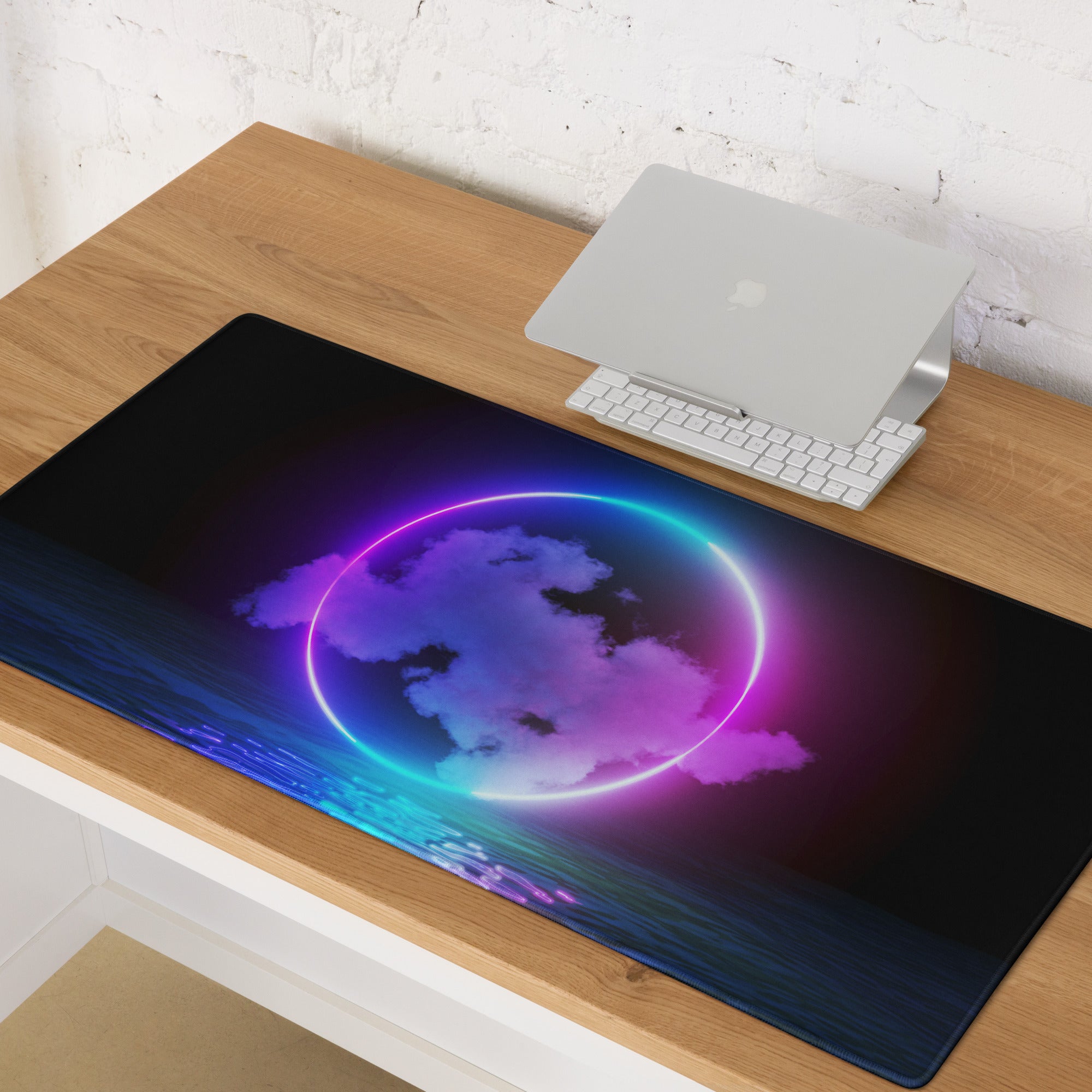 Neon Ring Nightscape Gaming Pad - Gaming Mouse Pad Purple Blue Neon Futuristic Non Slip Edge Mood Cyberpunk RGB