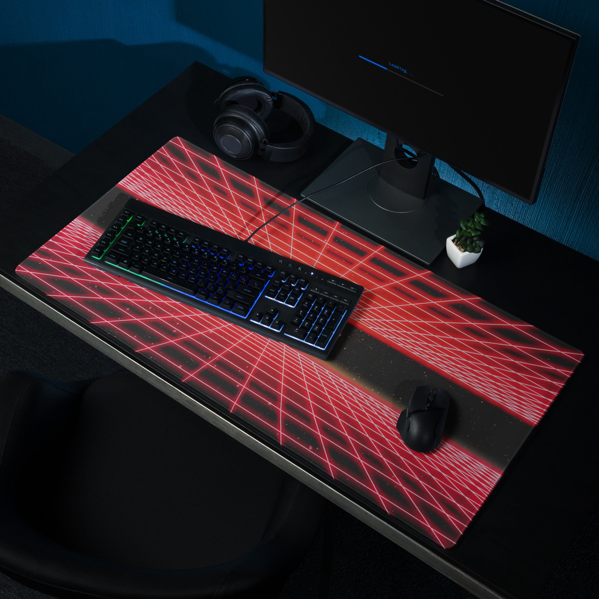 Red Neon Grid Gaming Pad - Mouse Pad Red Gaming Setup Cyberpunk Energetic Mood Large Desk Mat Digital Print