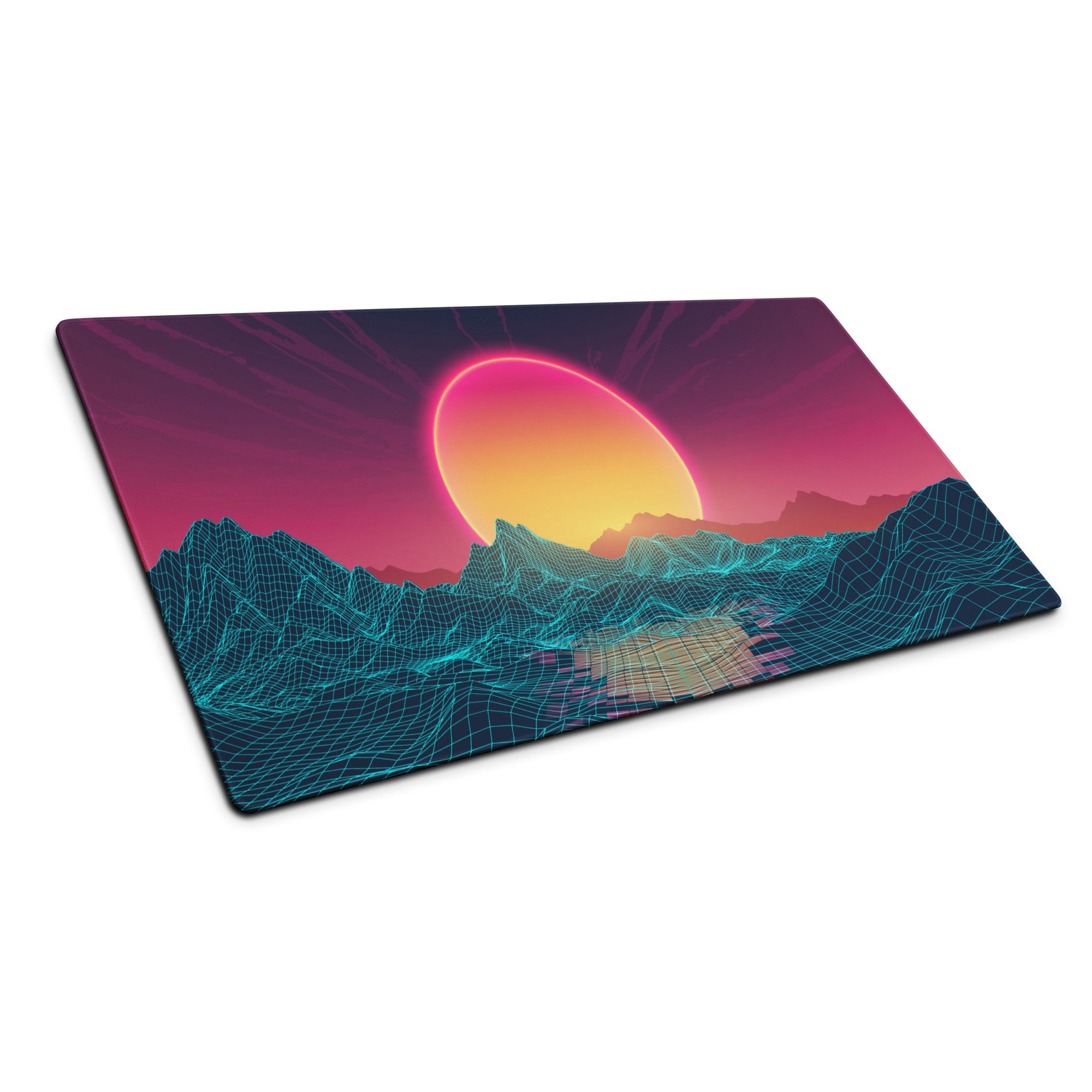 Neon Sunset Landscape Desk Pad - Neon Sunset Landscape Purple Pink Desk Vaporwave Modern Tech Decor Esports Digital Art