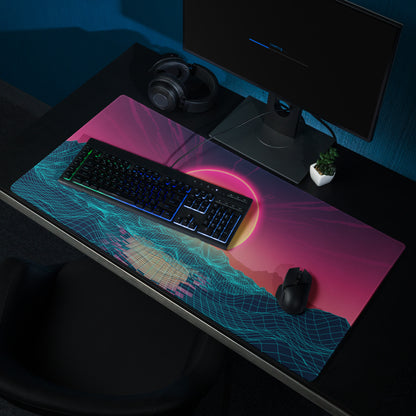 Neon Sunset Landscape Desk Pad - Neon Sunset Landscape Purple Pink Desk Vaporwave Modern Tech Decor Esports Digital Art