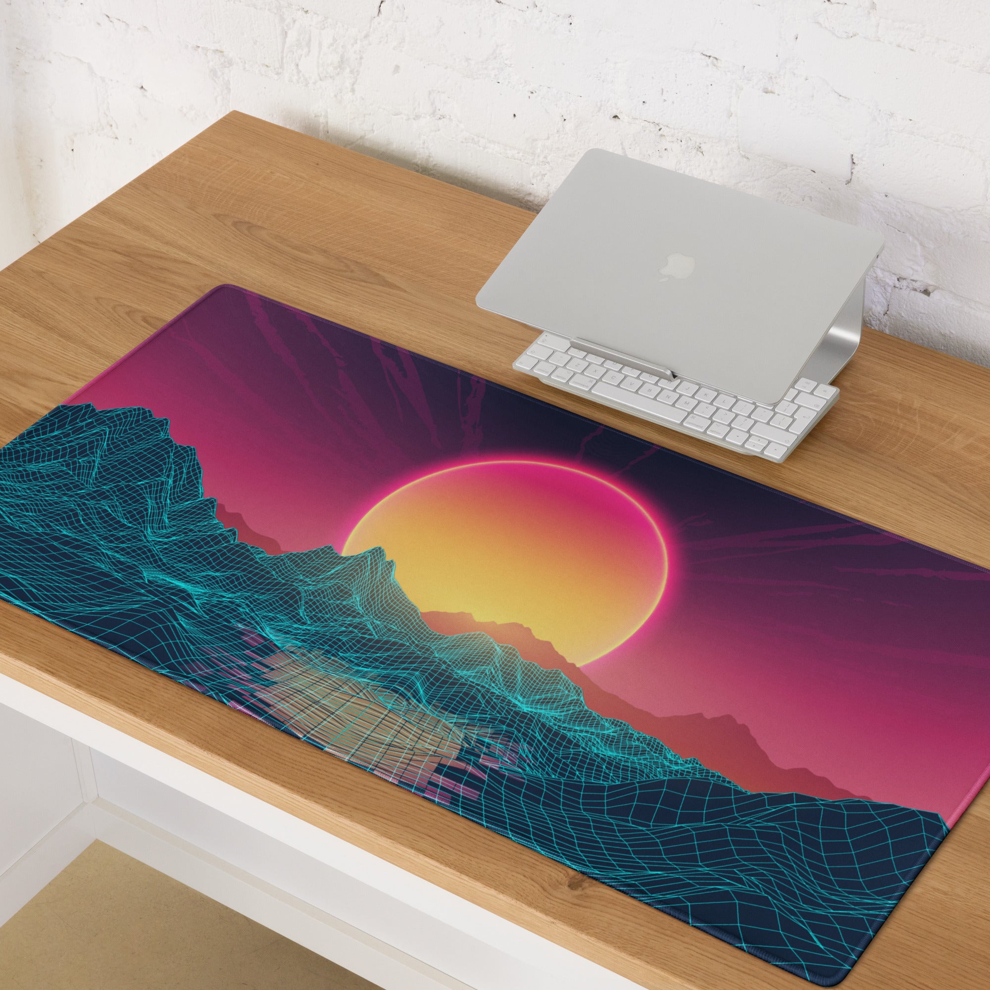 Neon Sunset Landscape Desk Pad - Neon Sunset Landscape Purple Pink Desk Vaporwave Modern Tech Decor Esports Digital Art