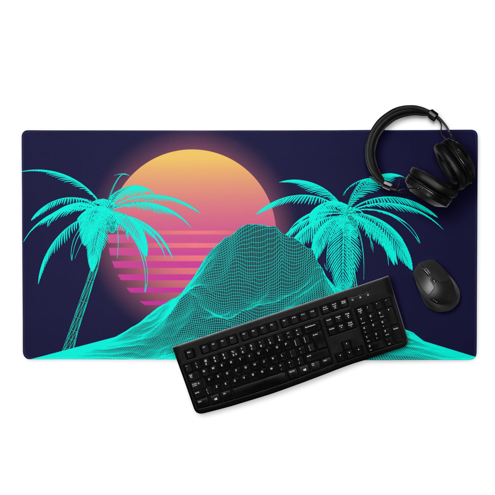 Neon Palm Vaporwave Desk Mat - Palm Trees Sunset Neon Turquoise Desk Mat Gaming Synthwave Retro Mood Vaporwave Desk Accessory