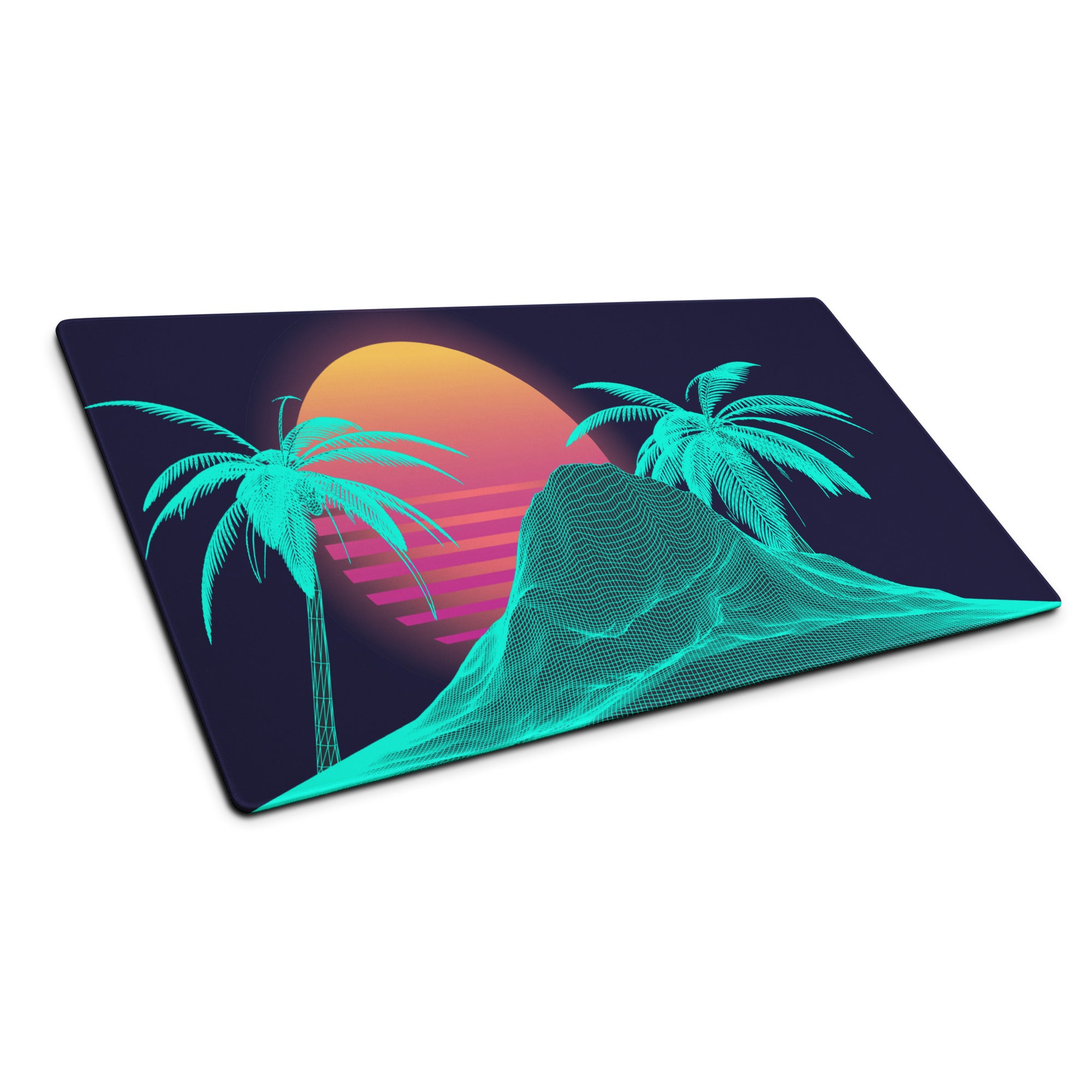 Neon Palm Vaporwave Desk Mat - Palm Trees Sunset Neon Turquoise Desk Mat Gaming Synthwave Retro Mood Vaporwave Desk Accessory