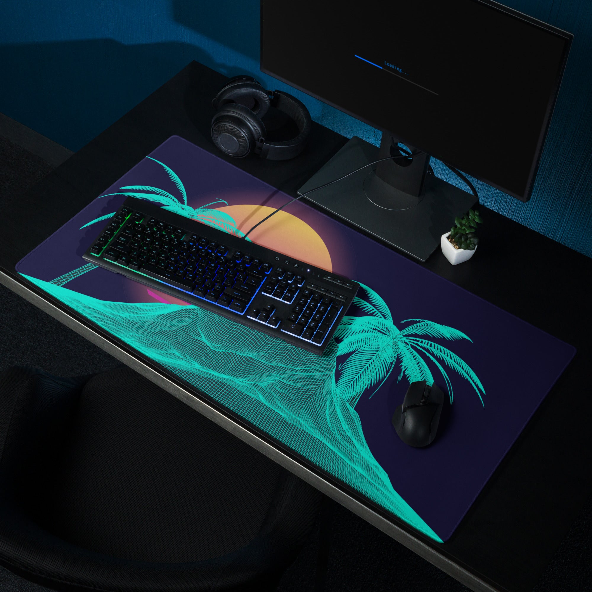Neon Palm Vaporwave Desk Mat - Palm Trees Sunset Neon Turquoise Desk Mat Gaming Synthwave Retro Mood Vaporwave Desk Accessory