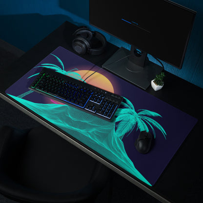 Neon Palm Vaporwave Desk Mat - Palm Trees Sunset Neon Turquoise Desk Mat Gaming Synthwave Retro Mood Vaporwave Desk Accessory