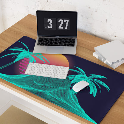 Neon Palm Vaporwave Desk Mat - Palm Trees Sunset Neon Turquoise Desk Mat Gaming Synthwave Retro Mood Vaporwave Desk Accessory