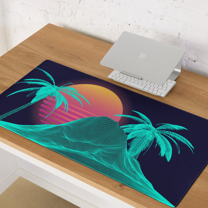 Neon Palm Vaporwave Desk Mat - Palm Trees Sunset Neon Turquoise Desk Mat Gaming Synthwave Retro Mood Vaporwave Desk Accessory