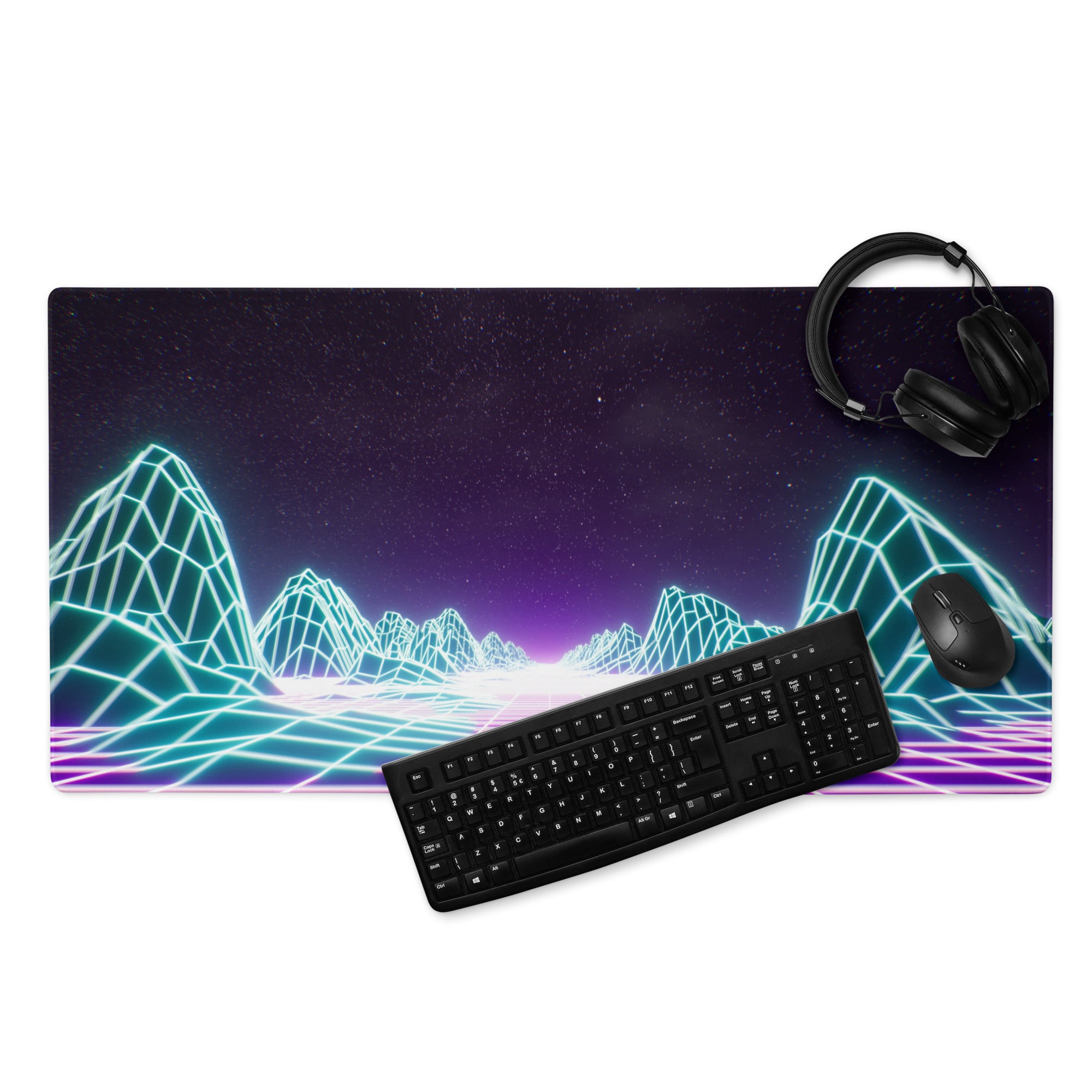 Neon Grid Mountains Gaming Mouse Pad - Neon Grid Mountains Blue Teal Gaming Desk Cyberpunk Futuristic Mood Desk Art