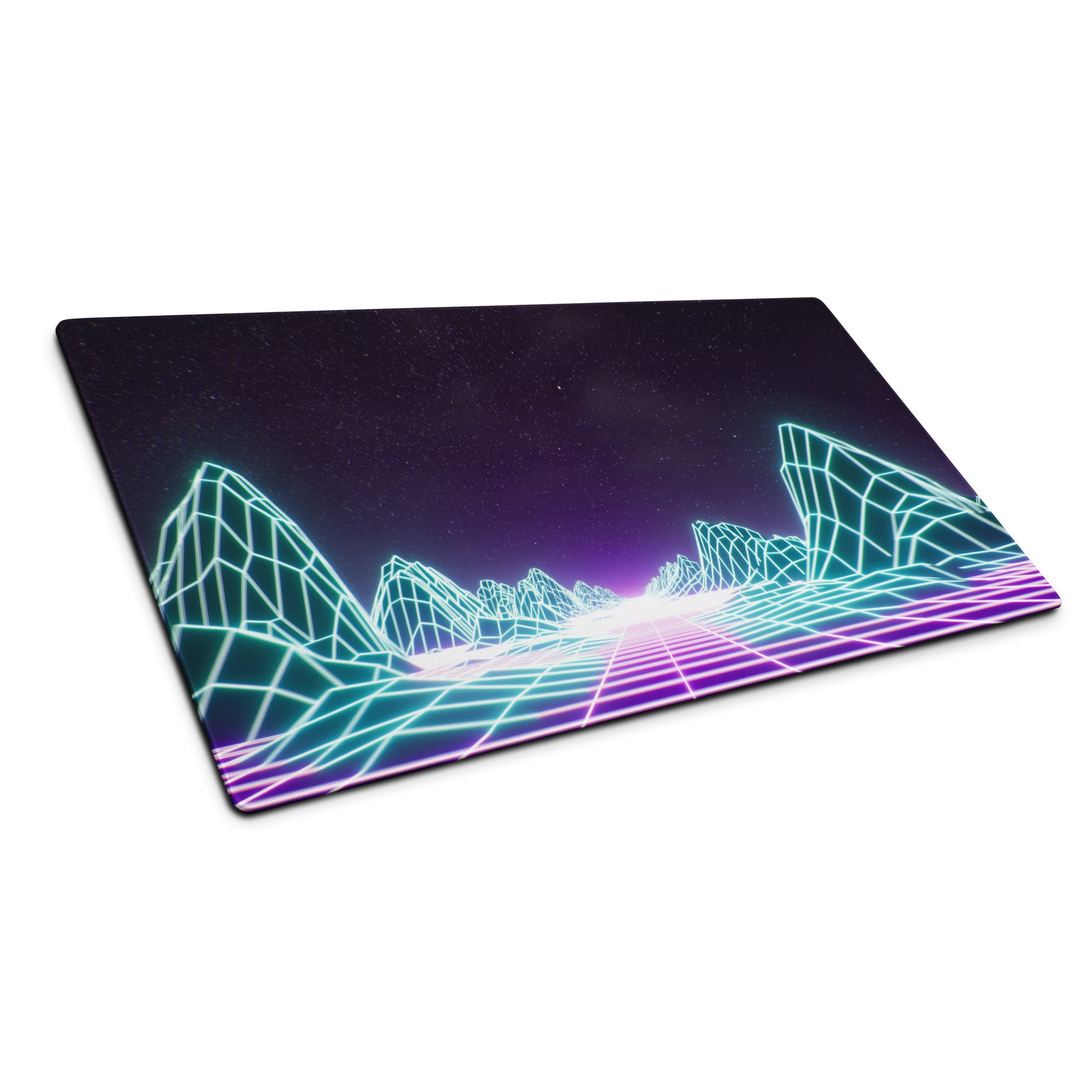 Neon Grid Mountains Gaming Mouse Pad - Neon Grid Mountains Blue Teal Gaming Desk Cyberpunk Futuristic Mood Desk Art