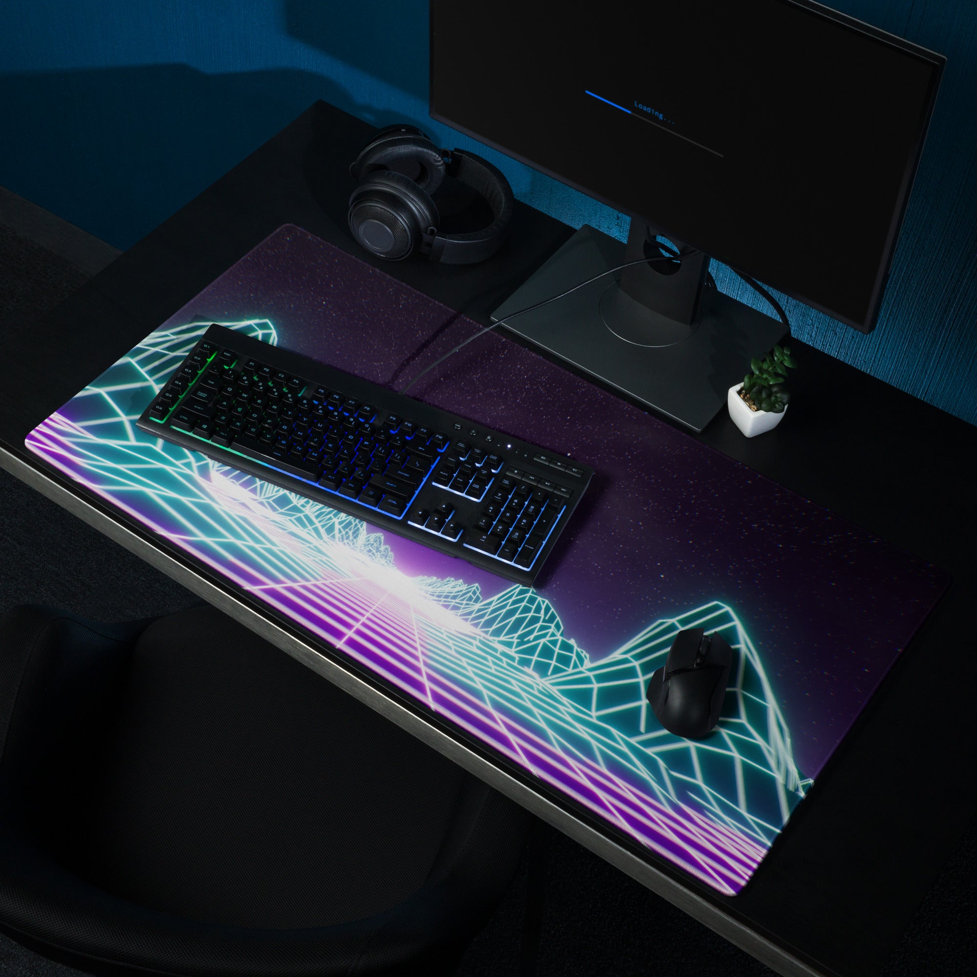 Neon Grid Mountains Gaming Mouse Pad - Neon Grid Mountains Blue Teal Gaming Desk Cyberpunk Futuristic Mood Desk Art