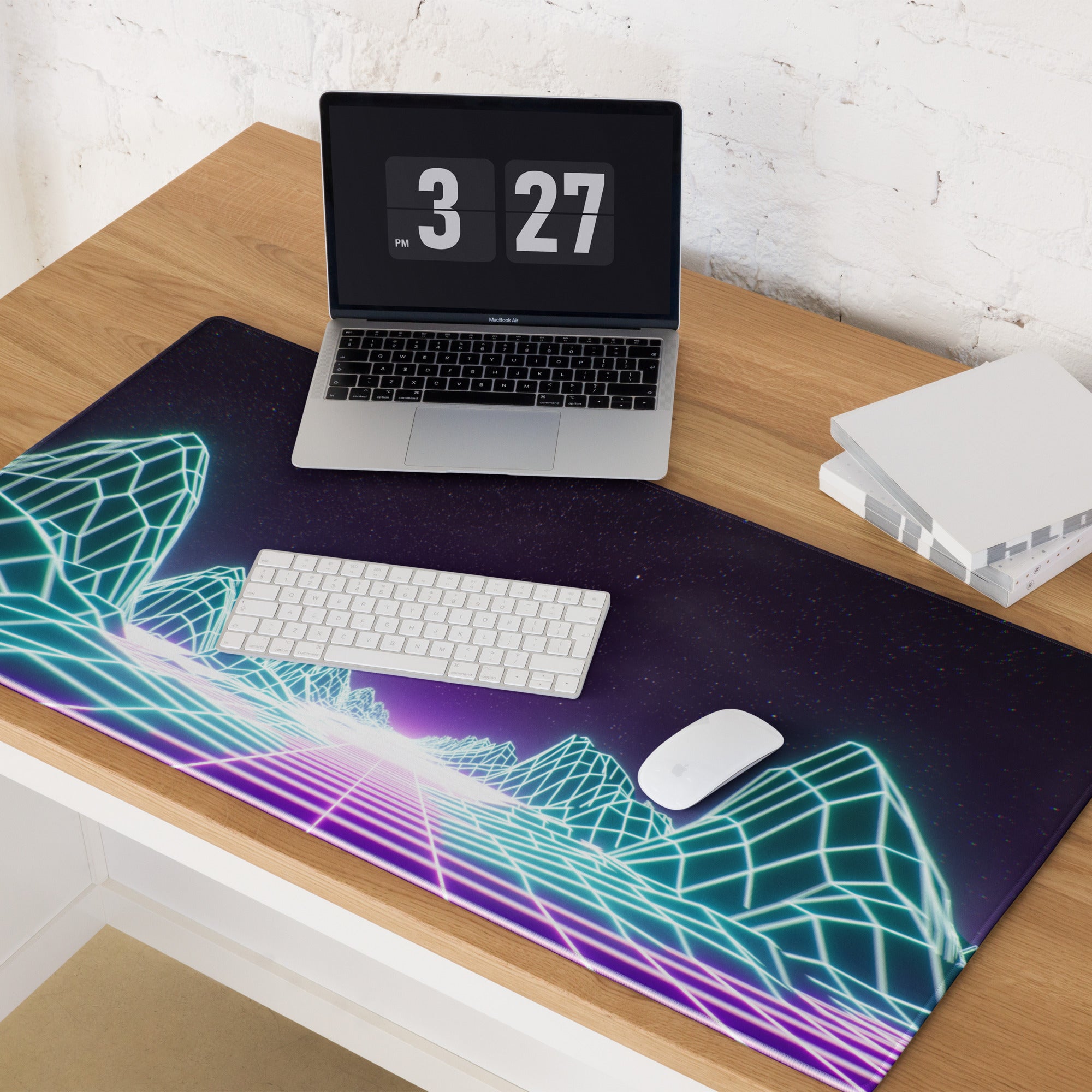 Neon Grid Mountains Gaming Mouse Pad - Neon Grid Mountains Blue Teal Gaming Desk Cyberpunk Futuristic Mood Desk Art