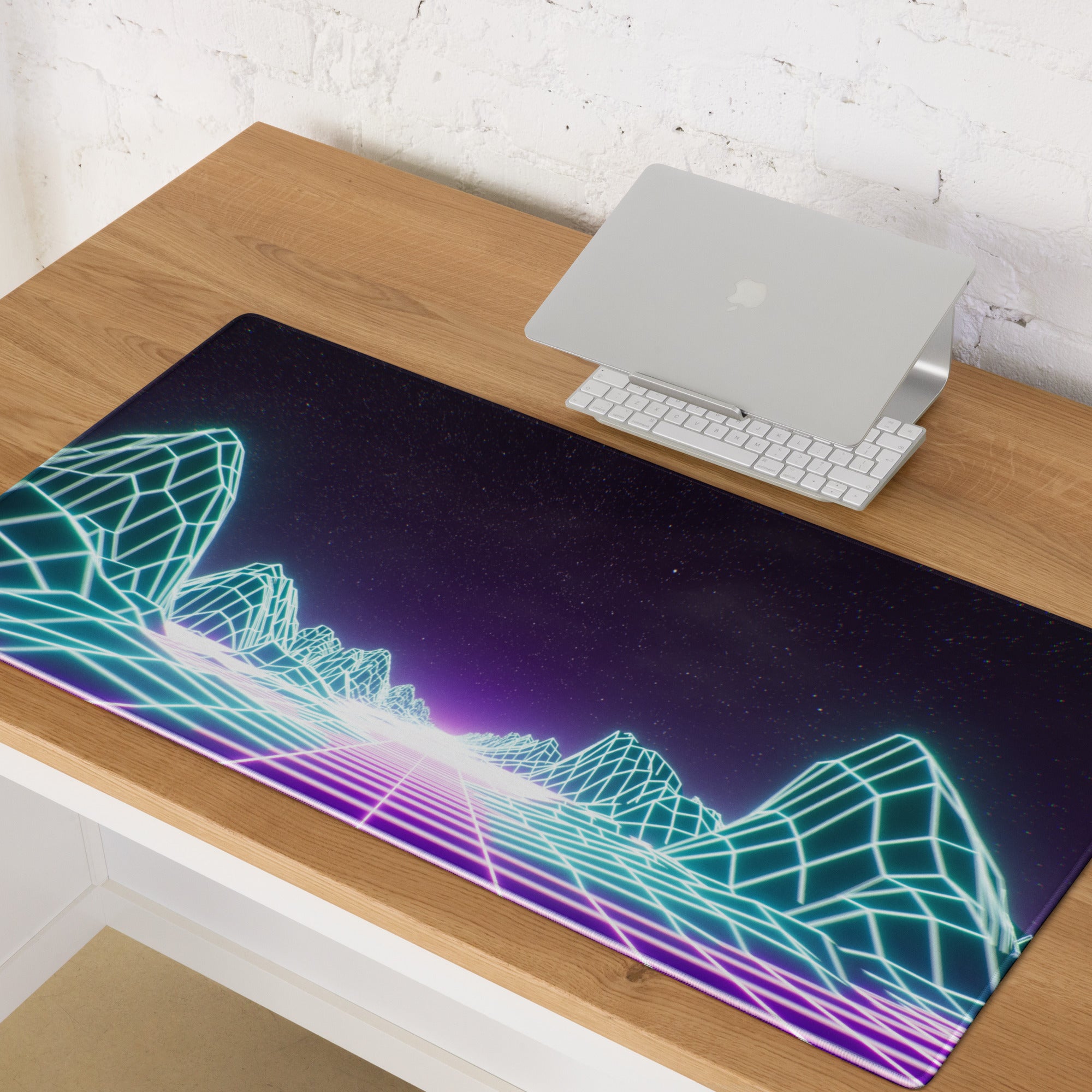 Neon Grid Mountains Gaming Mouse Pad - Neon Grid Mountains Blue Teal Gaming Desk Cyberpunk Futuristic Mood Desk Art