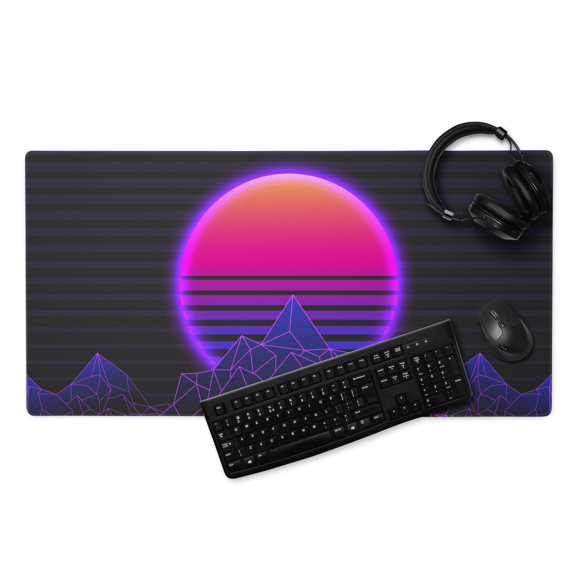 Neon Sunset Mountain Mouse Pad - Neon Sunset Mountain Purple Pink Desk Synthwave Mood Vibrant Neon Glow RGB Desk Mat
