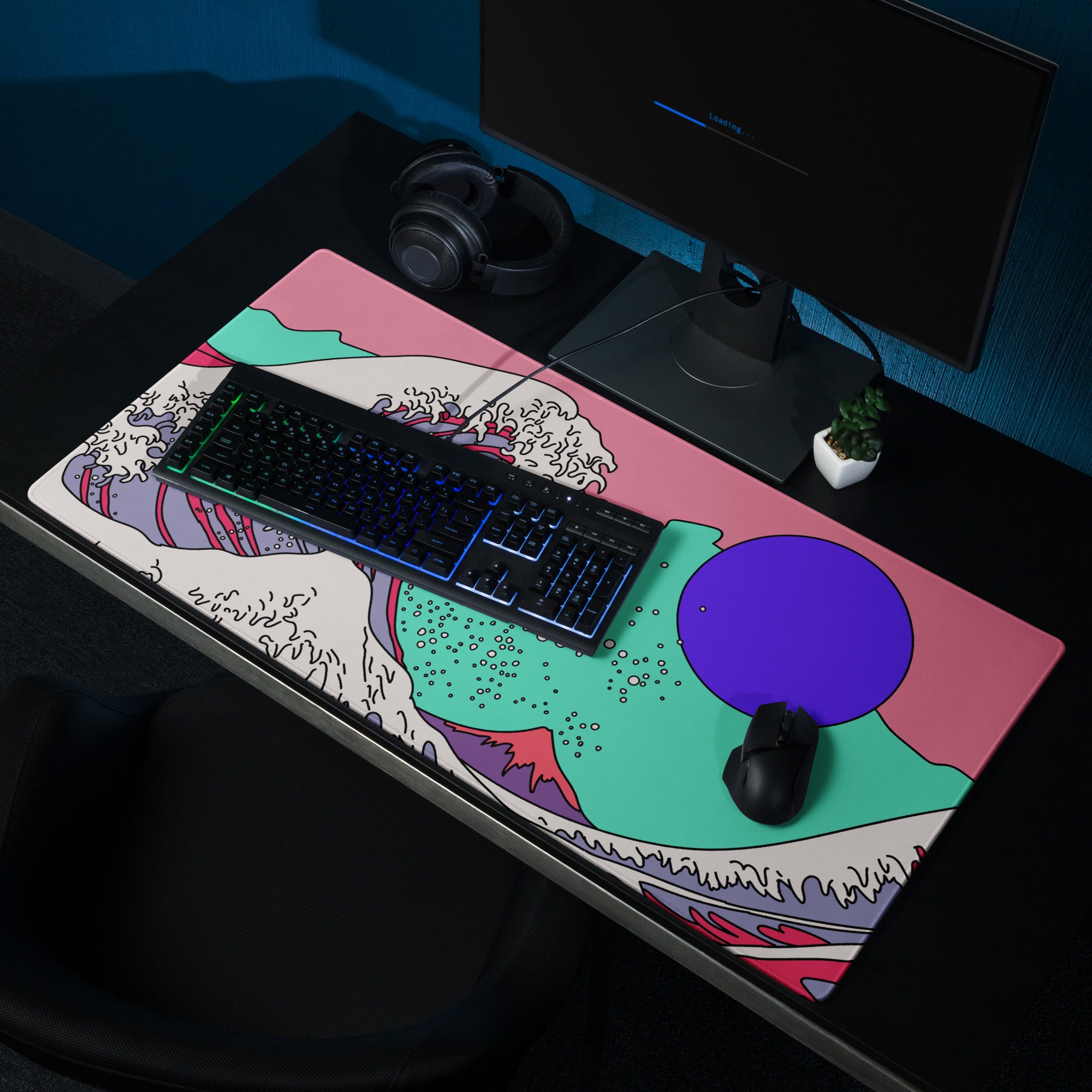 Pink Wave Pop Art Gaming Mouse Pad - Ocean Wave Pink Teal Desk Pop Art Vibrant Modern Pop Esports Digital Art
