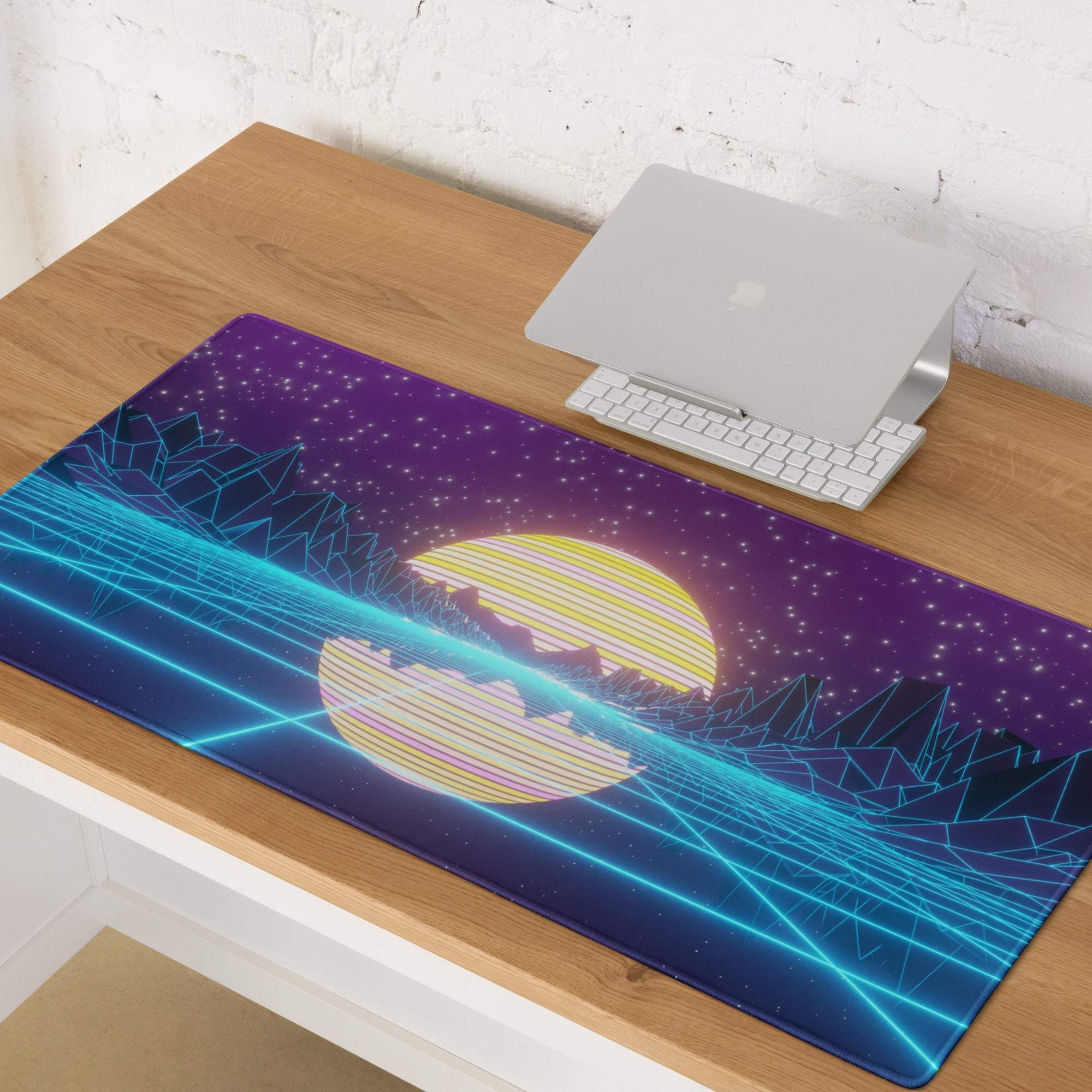 Neon cosmos gaming mouse pad with vibrant retro-futuristic design glowing sun and neon blue laser lines on dark background