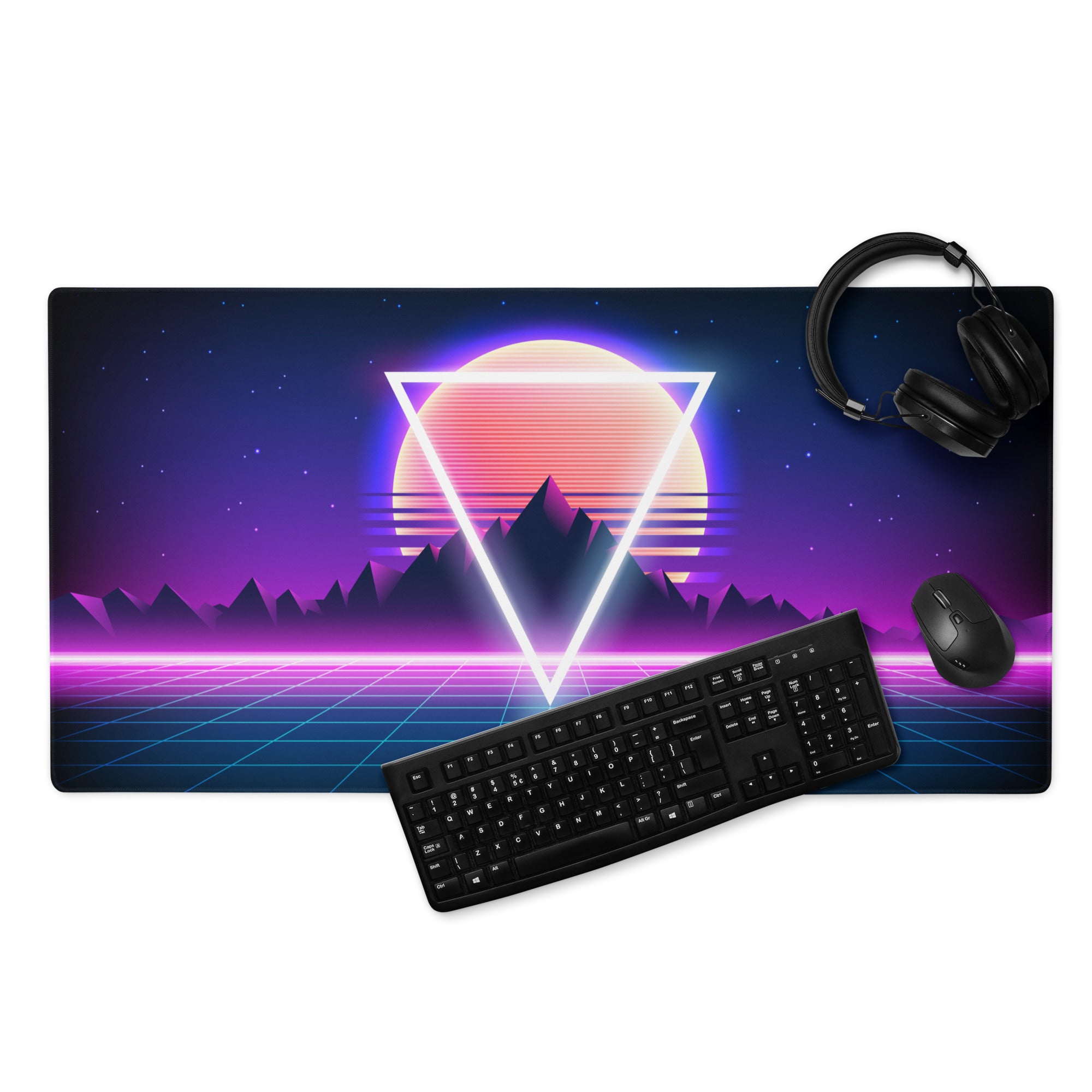 Neon Sunset Triangle Desk Mat - Gaming Mouse Pad Neon Pink Purple Blue Synthwave Mood Vaporwave Cyberpunk Edge Stitched