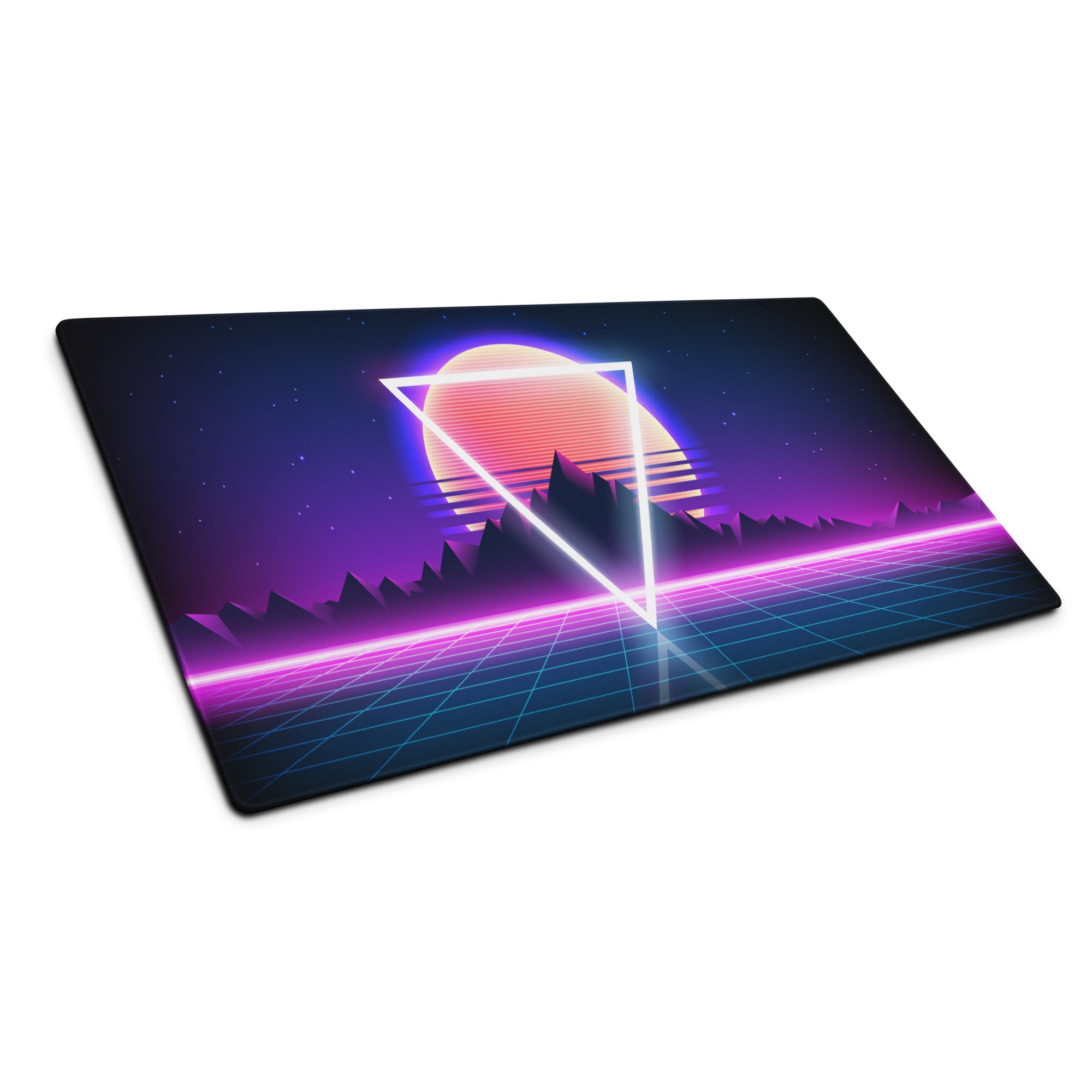 Neon Sunset Triangle Desk Mat - Gaming Mouse Pad Neon Pink Purple Blue Synthwave Mood Vaporwave Cyberpunk Edge Stitched